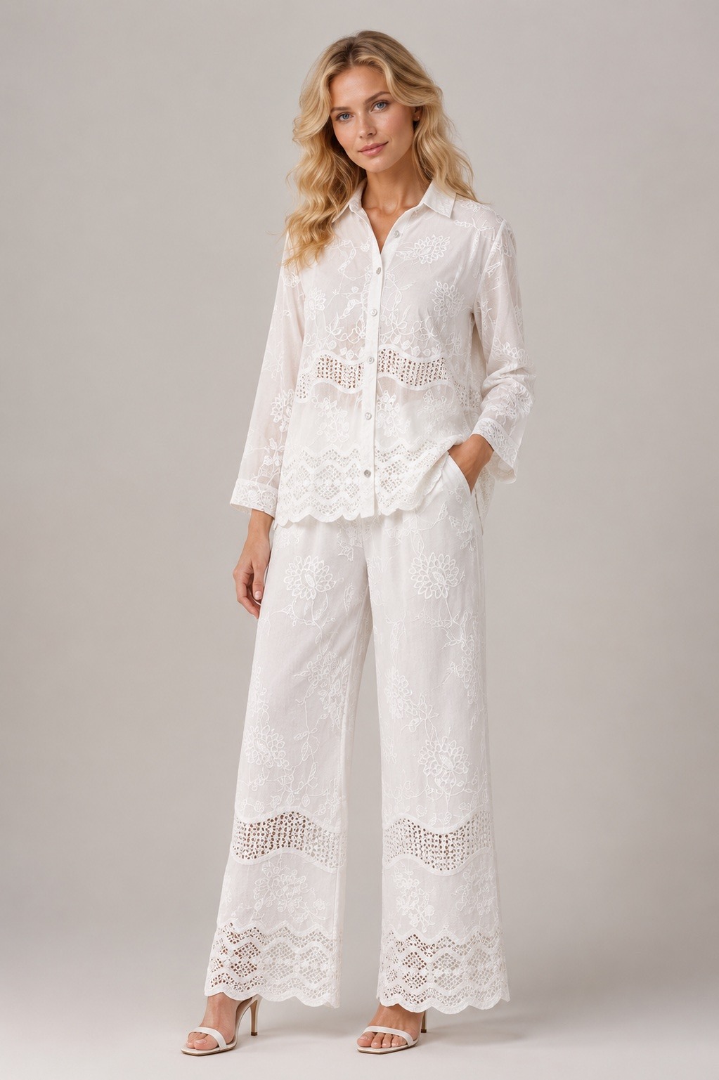 Grossista UPSTYLE - COMPLETO IN SANGALLO CON CAMICIA + PANTALONE DI COTONE