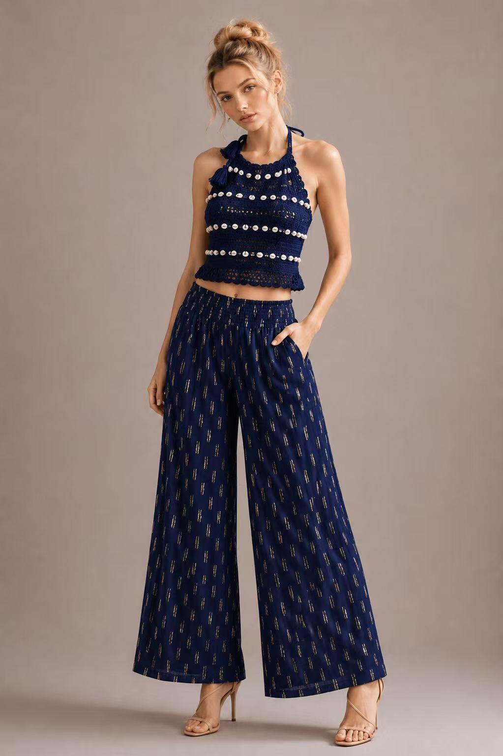 Grossista UPSTYLE - COMPLETO DONNA TOP UNCINETTO CON CONCHIGLIE + PANTALONE
