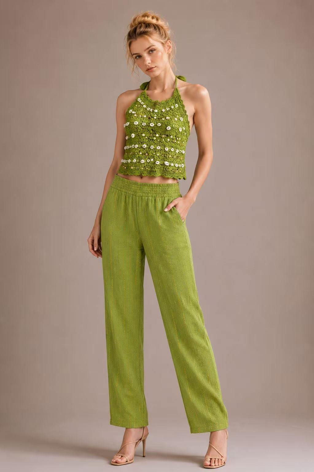 Wholesaler UPSTYLE - WOMEN'S SET CROCHET TOP WITH SHELLS + PANTS