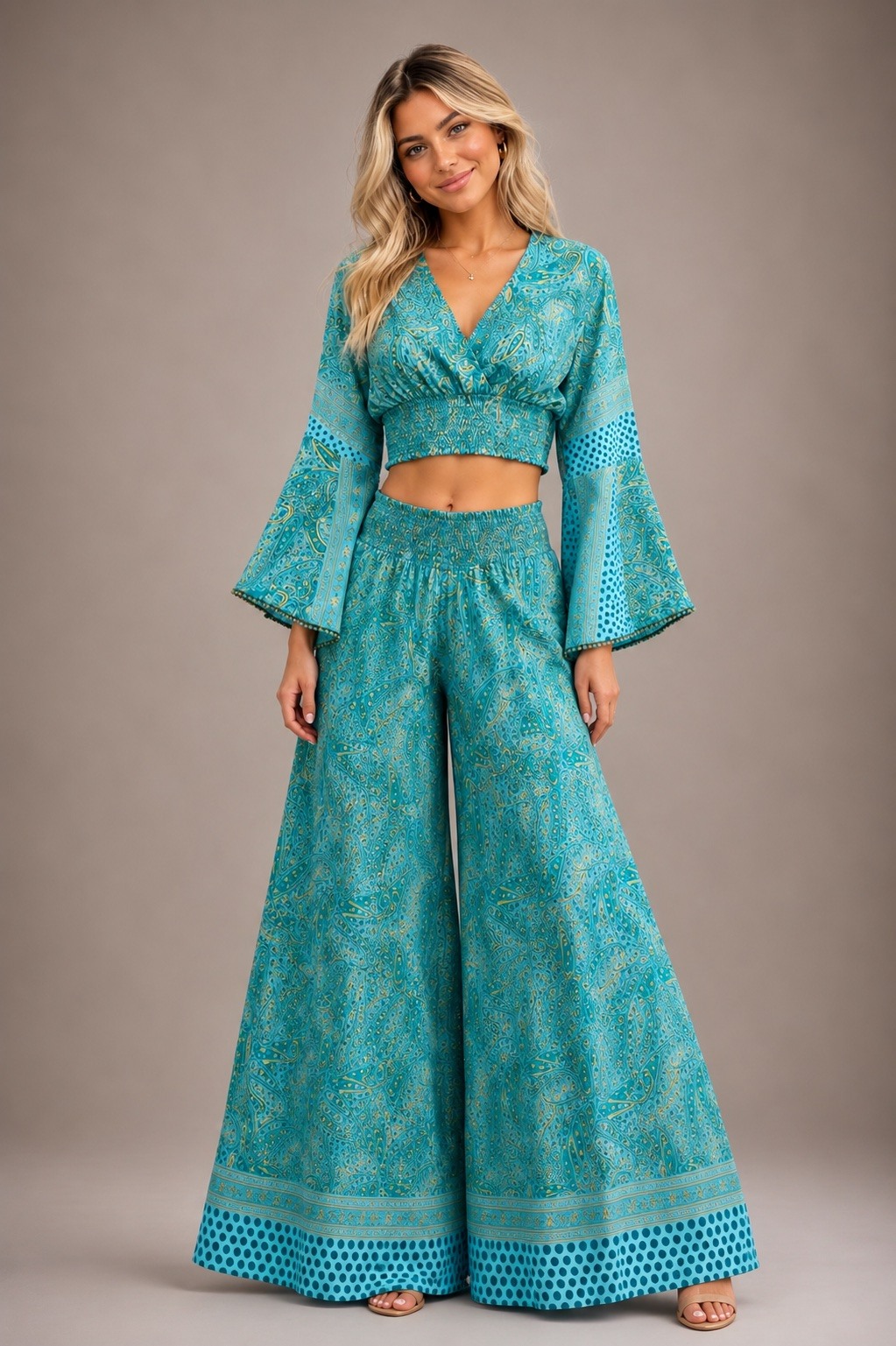 Mayorista UPSTYLE - CONJUNTO MUJER TOP + PANTALÓN – ESTAMPADO PAISLEY CON TOP BORDADO