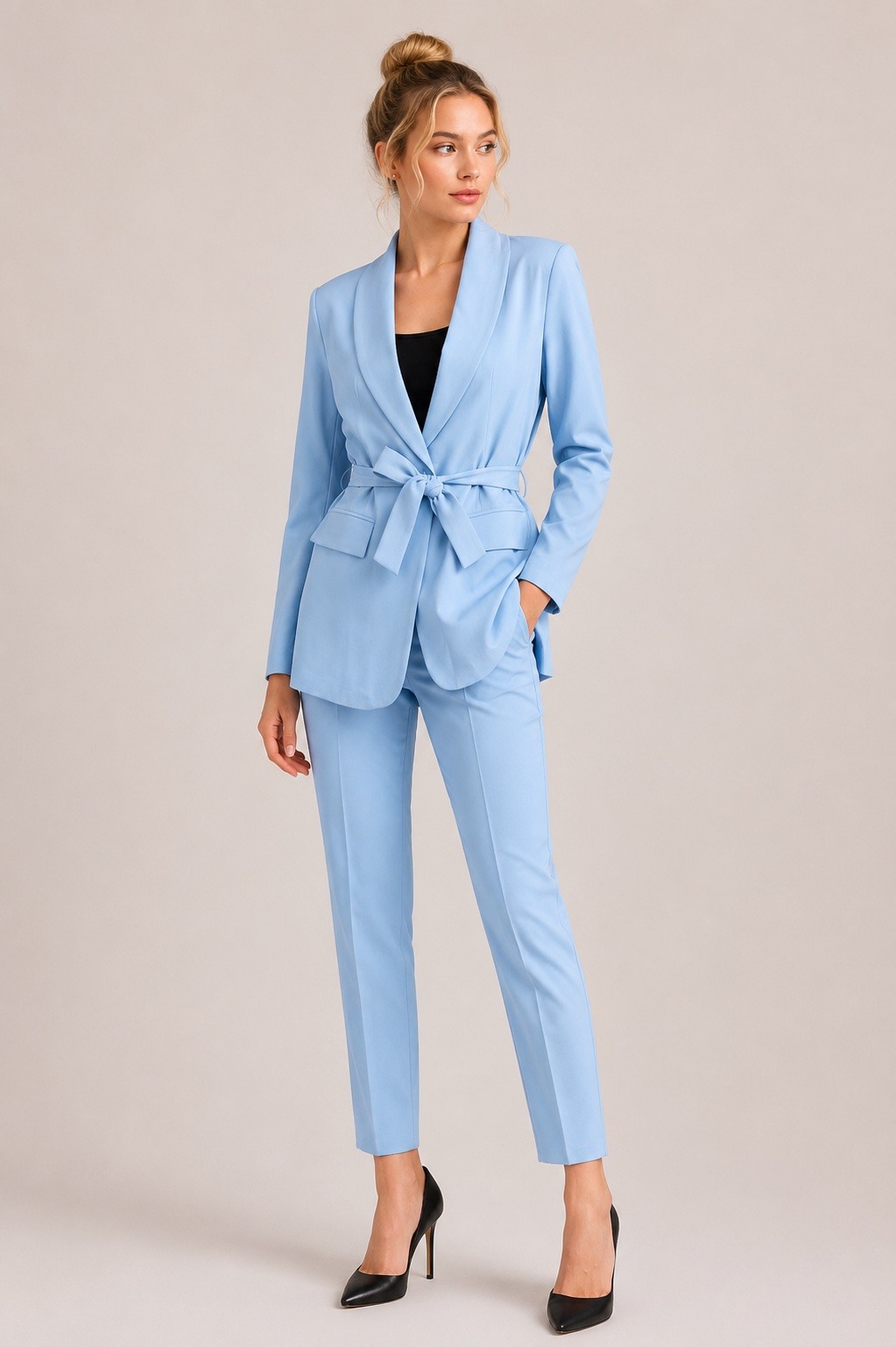 cigarette pants and blazer ELEGANT WOMEN'S SUIT BLAZER WITH BELT AND CIGARETTE PANTS