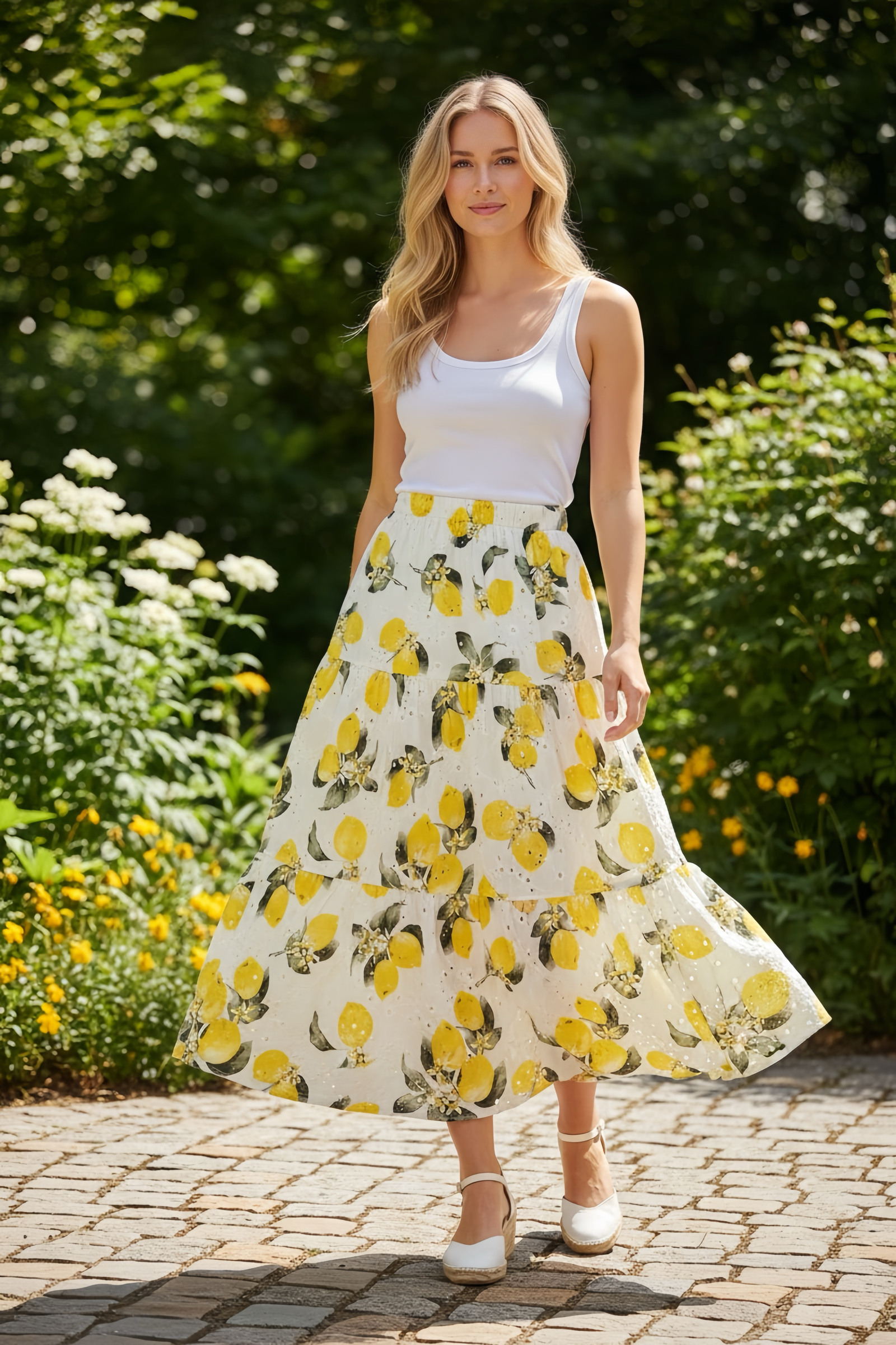 Wholesaler UPSTYLE - MIDI SKIRT IN EYELET FABRIC WITH LEMON PRINT