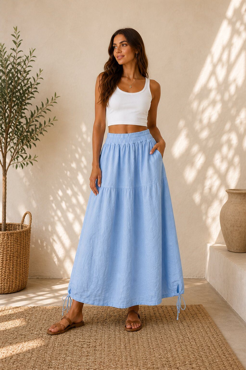 Mayorista UPSTYLE - FALDA MIDI DE LINO CON CINTURA ELÁSTICA