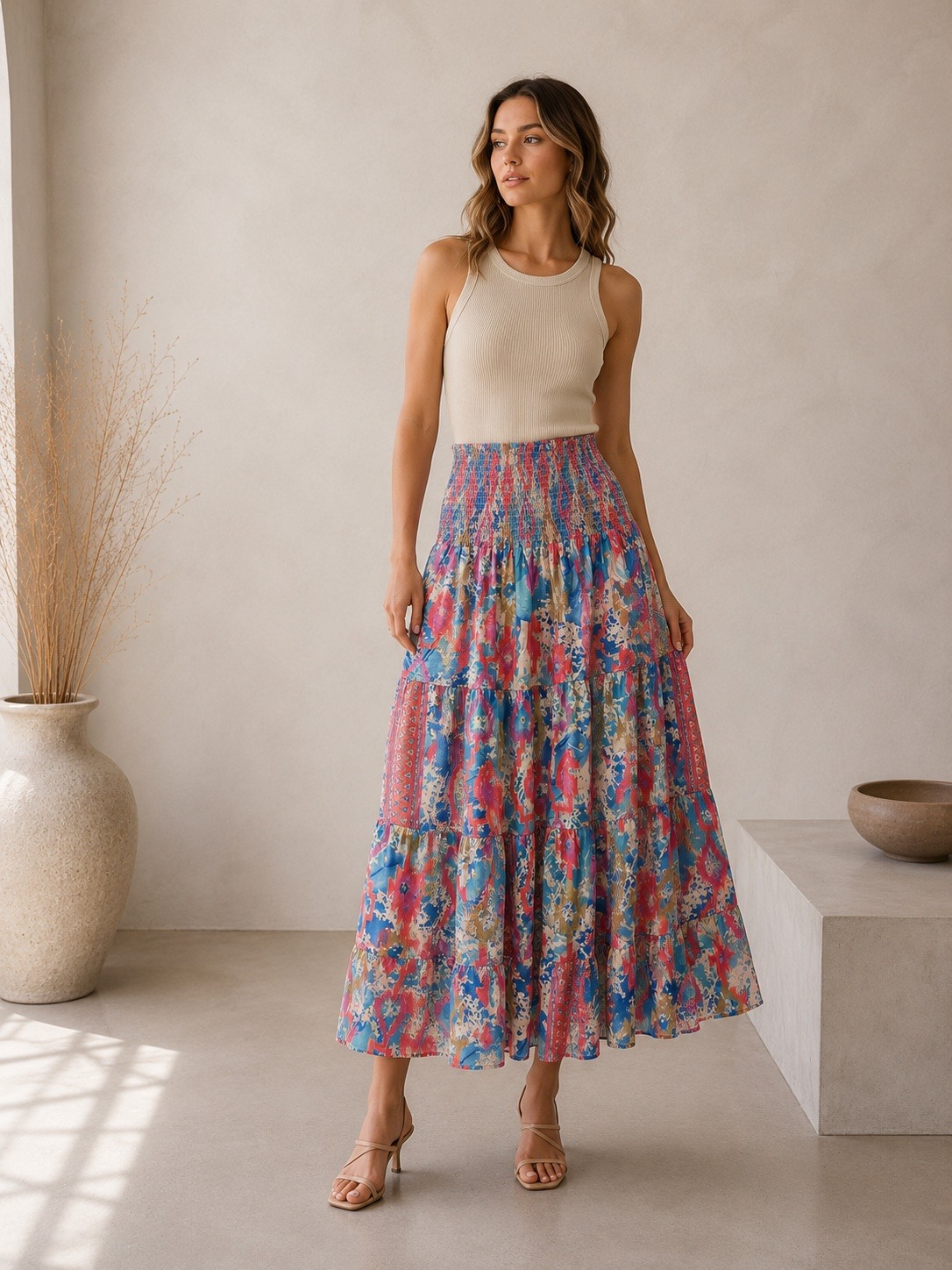 Grossista UPSTYLE - GONNA LUNGA DONNA BOHO CHIC STAMPATA CON VITA ELASTICIZZATA