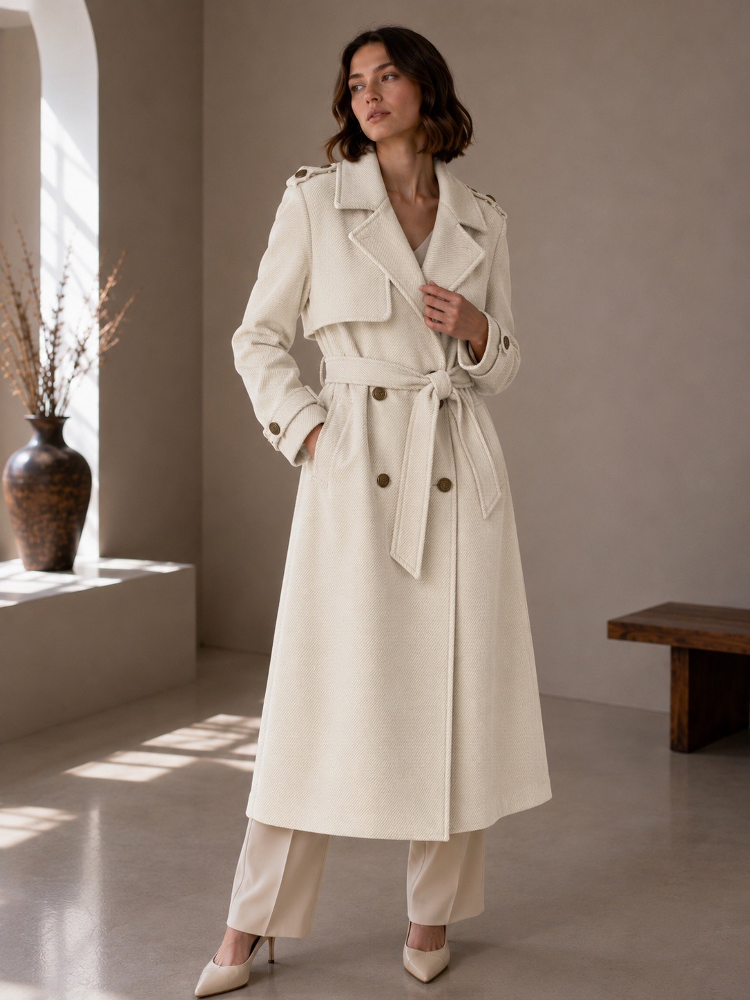 Wholesaler UPSTYLE - WOMEN'S HERRINGBONE TRENCH COAT WITH BELT