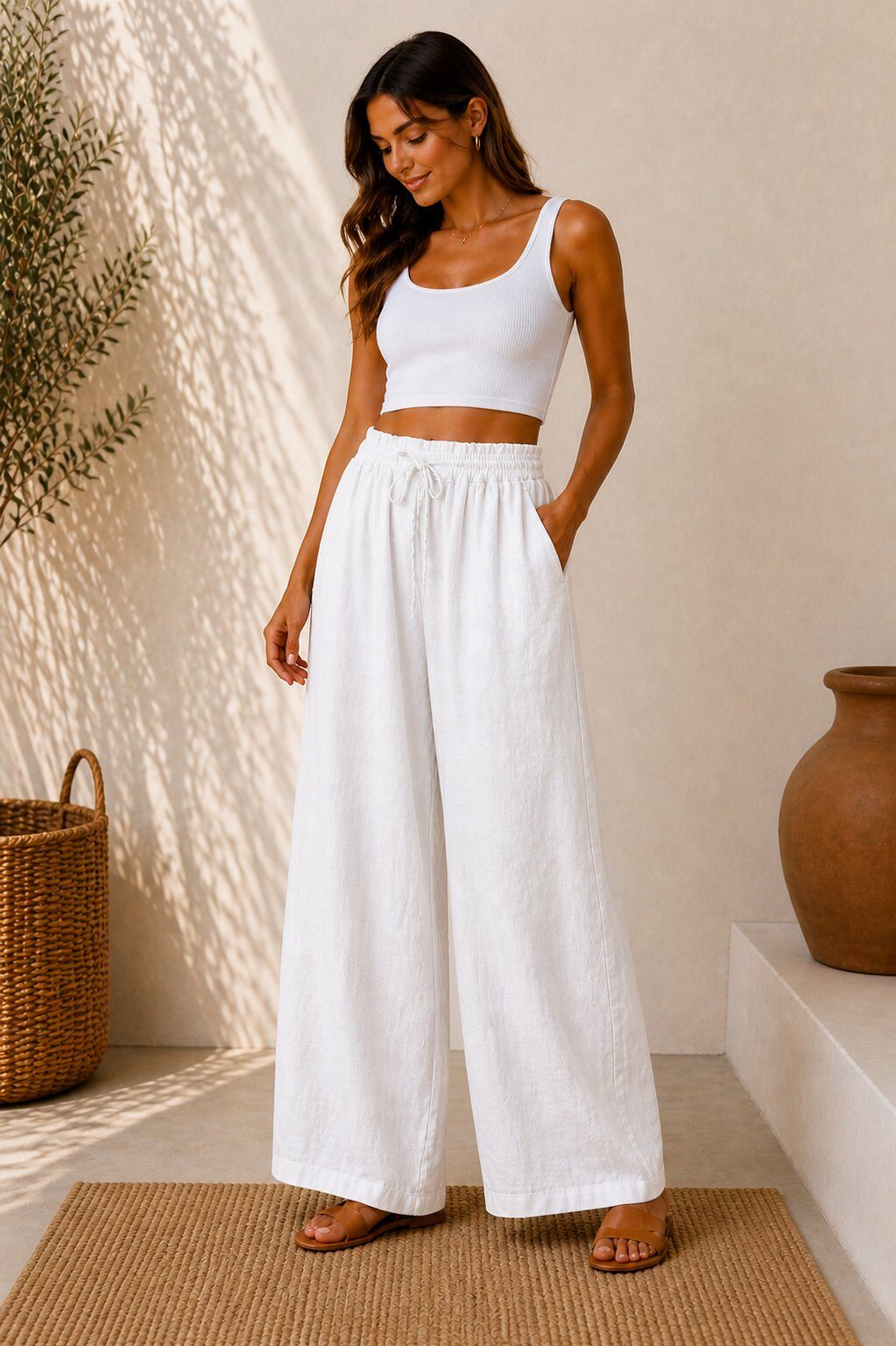 Mayorista UPSTYLE - PANTALÓN PALAZZO DE LINO CON CINTURA ELÁSTICA