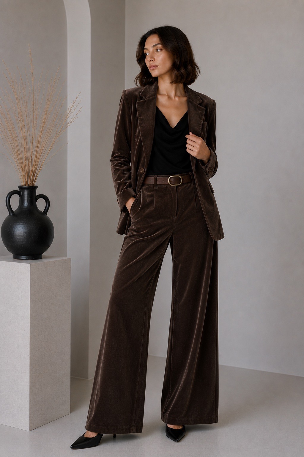 Wholesaler UPSTYLE - Velvet palazzo pants with belt