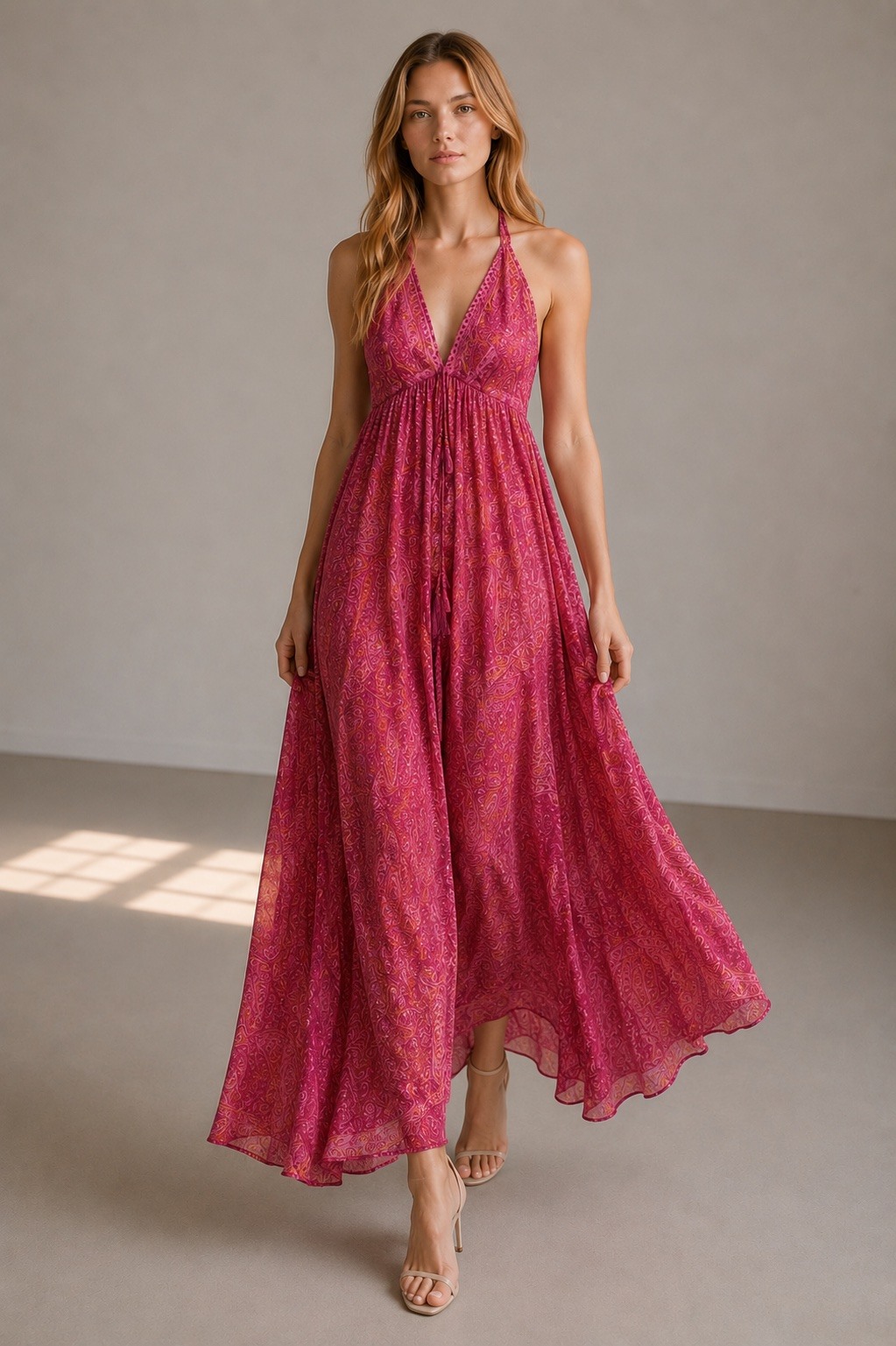 Wholesaler UPSTYLE - LONG HALTER DRESS IN POLYSILK