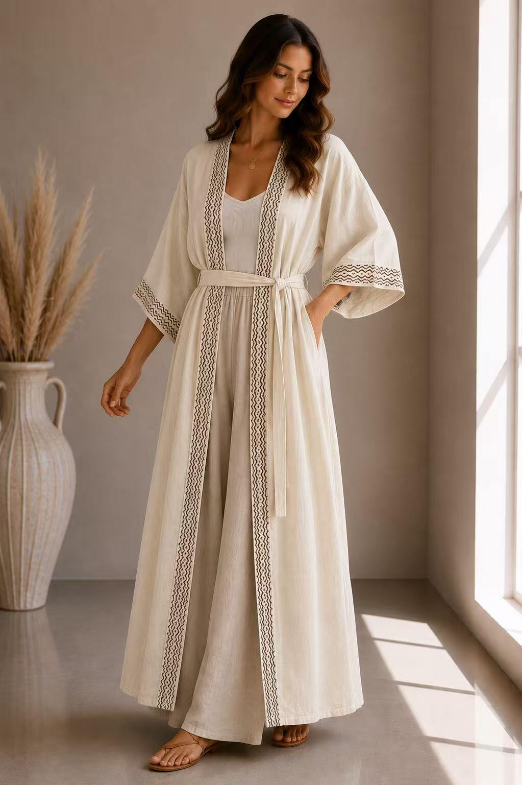 Wholesaler UPSTYLE - LONG KIMONO IN NATURAL FABRIC WITH ETHNIC DETAILS