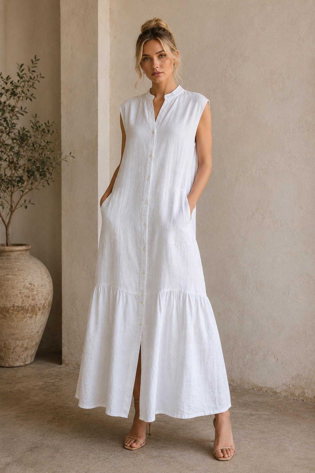 Grossista UPSTYLE - ABITO LUNGO DONNA IN 100% LINO CON BOTTONI E BALZA