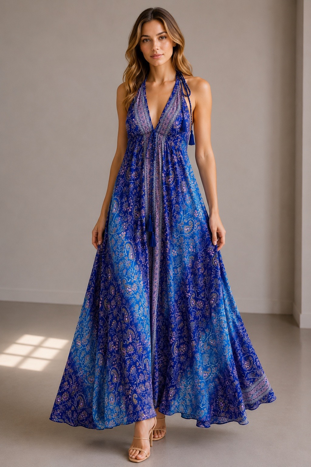 Wholesaler UPSTYLE - LONG HALTER DRESS IN POLYSILK