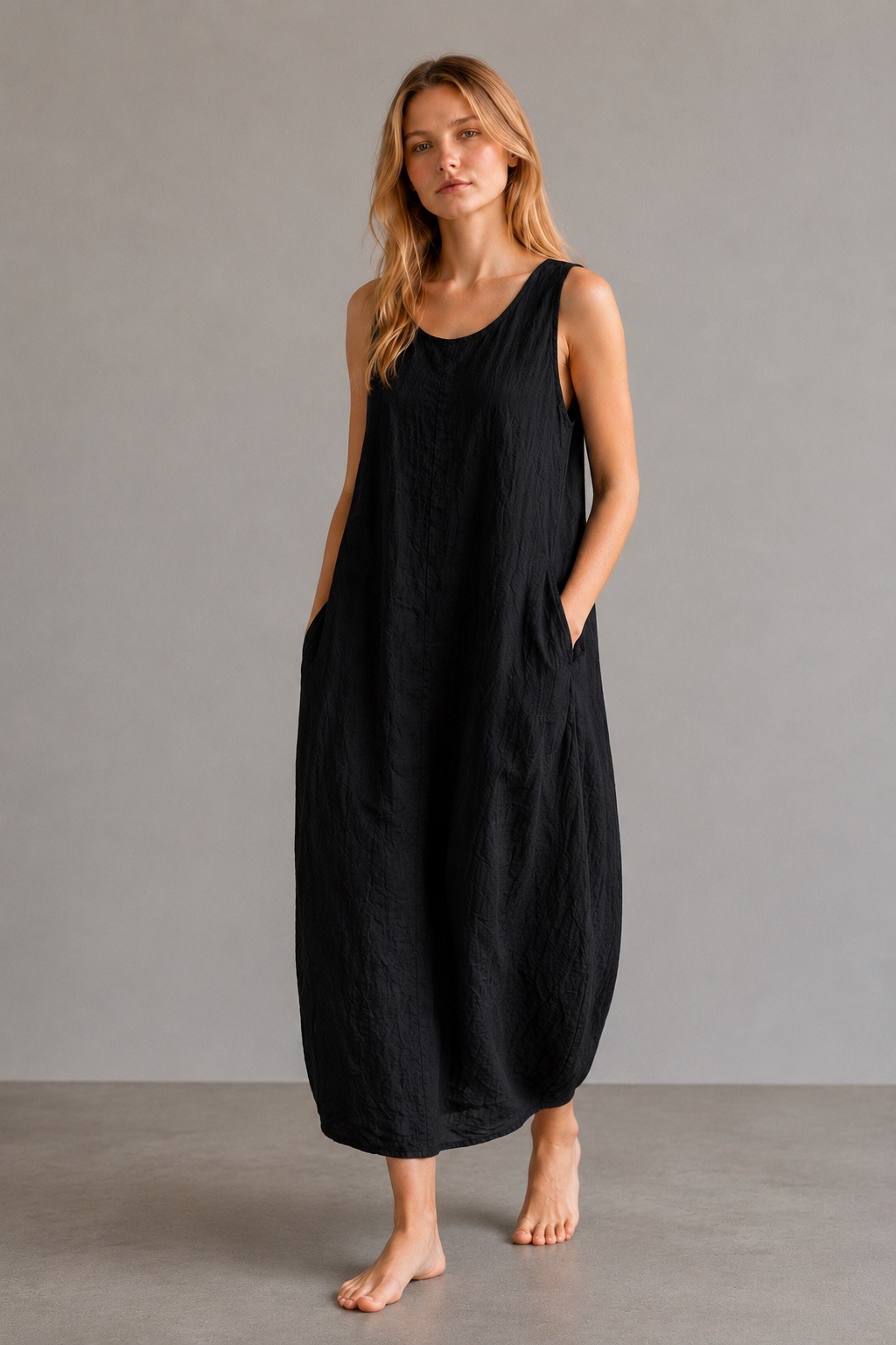 Grossista UPSTYLE - ABITO DONNA LUNGO SMANICATO OVERSIZE CON TASCHE E LINEA A PALLONCINO 100% LINO