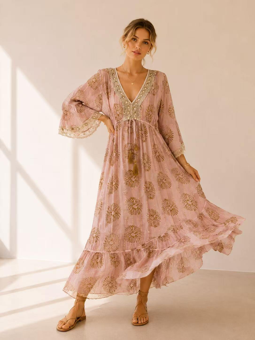 Wholesaler UPSTYLE - LONG DRESS WITH EMBROIDERED TRIMS