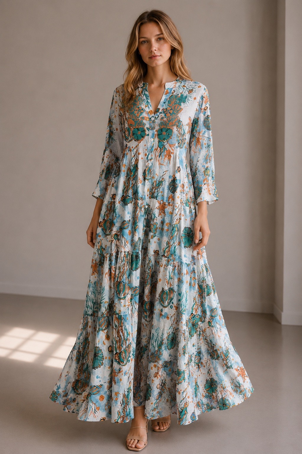 Wholesaler UPSTYLE - WOMEN'S LONG BEACH PRINT DRESS WITH EMBROIDERY