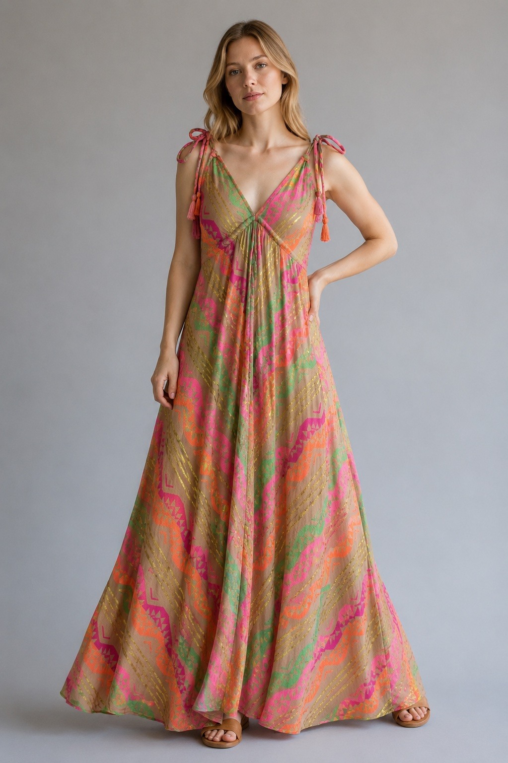 Wholesaler UPSTYLE - LONG HALTER DRESS IN MULTICOLOR JACQUARD