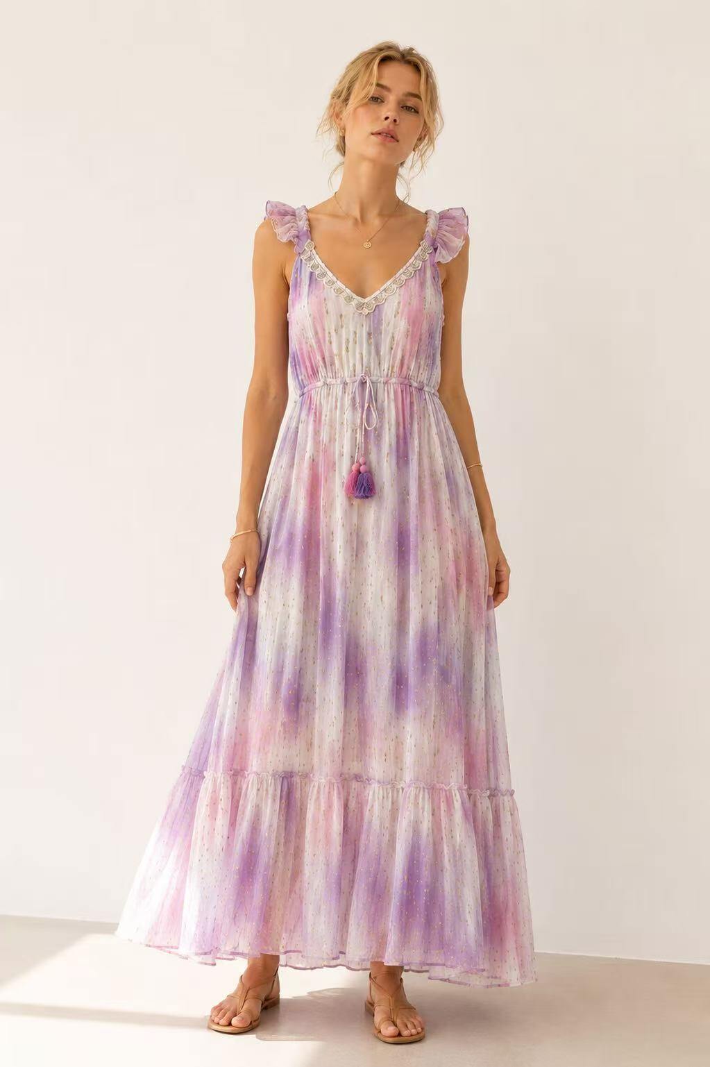 Wholesaler UPSTYLE - BOHO TIE-DYE MIDI DRESS WITH RUCHED STRAPS