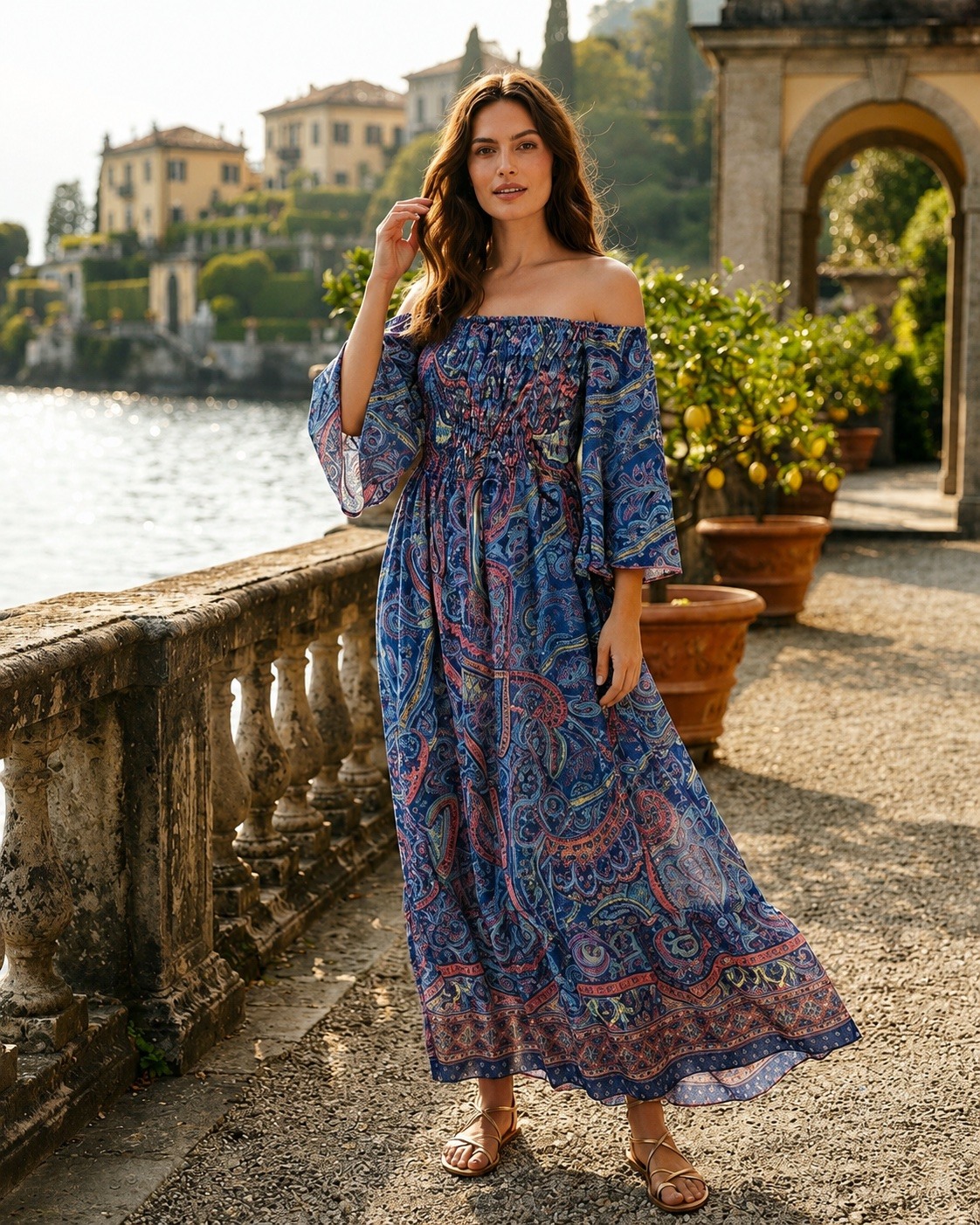 Grossista UPSTYLE - ABITO LUNGO DONNA BOHO CHIC STAMPATO CON SPALLE SCOPERTE / OFF-SHOULDER