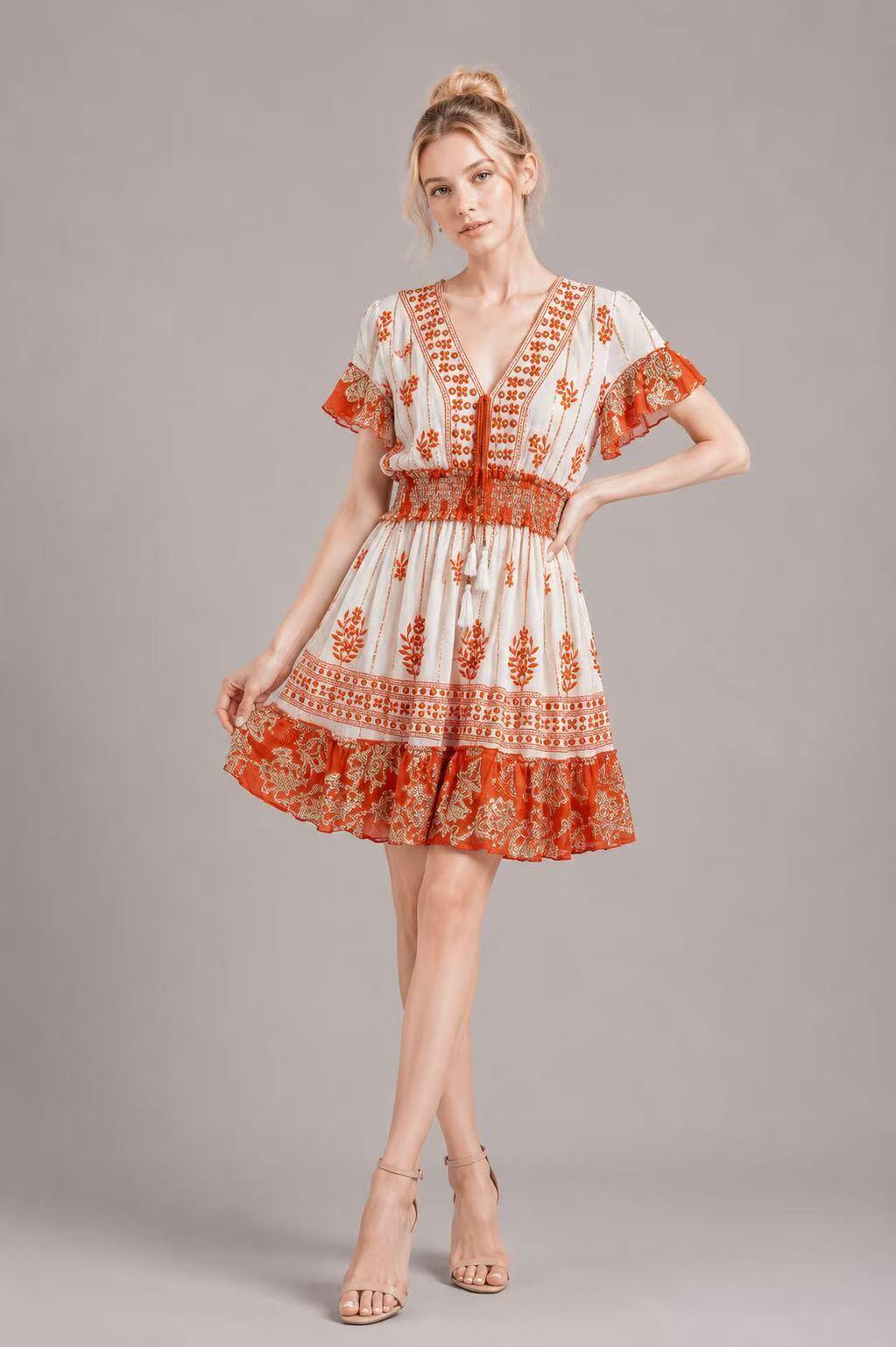 Wholesaler UPSTYLE - SHORT EMBROIDERED WOMEN'S DRESS WITH LUREX