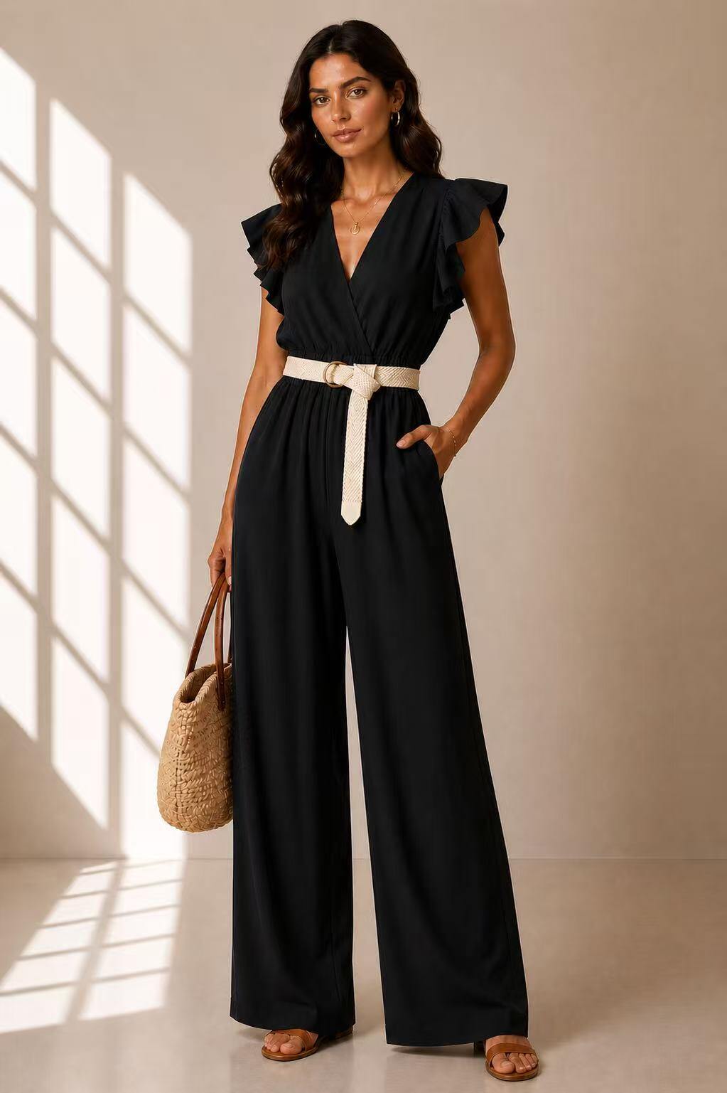 Wholesaler UPSTYLE - Long jumpsuit with belt and ruffles