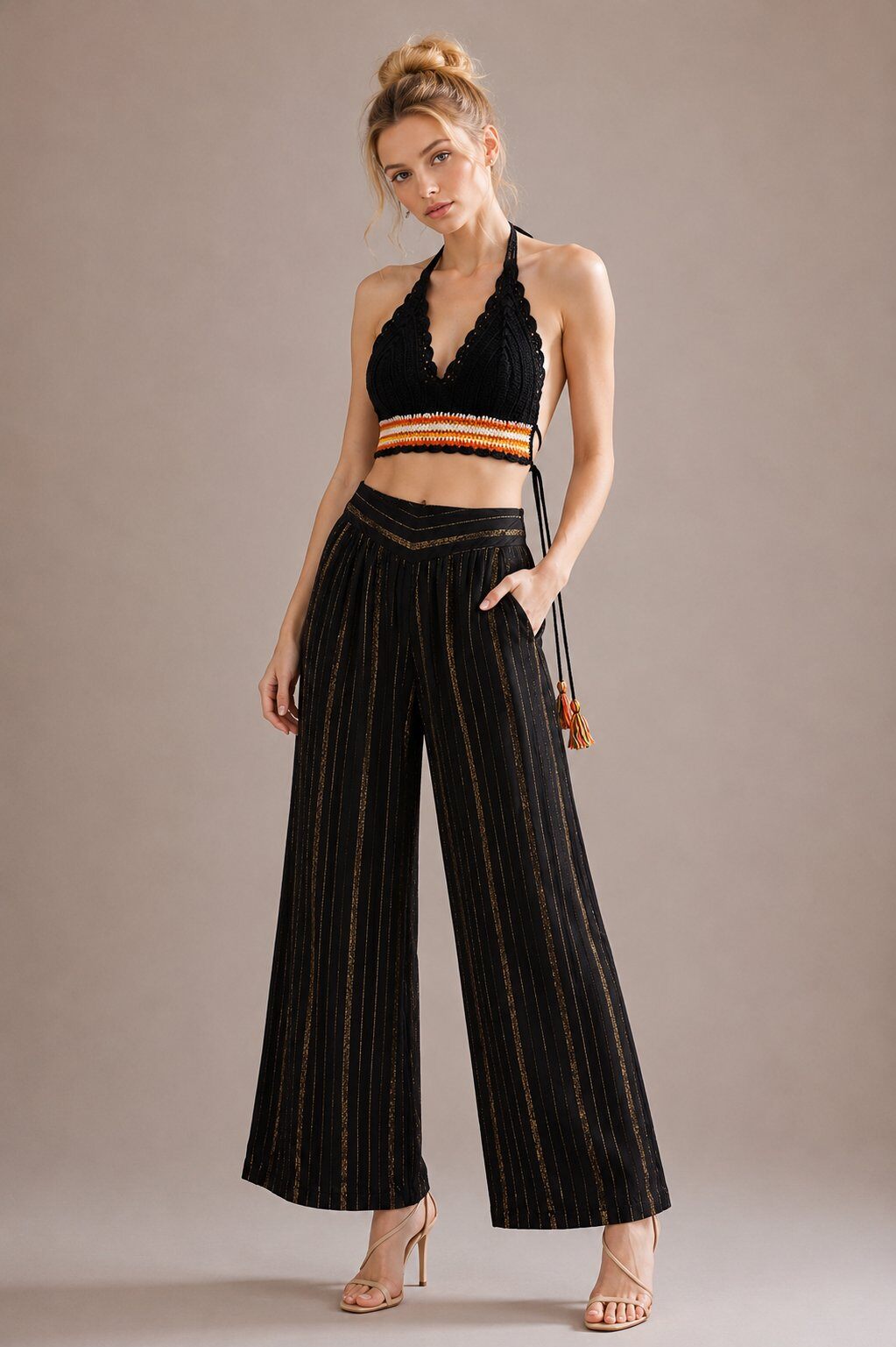 Wholesaler UPSTYLE - WOMEN'S CROCHET SET + PALAZZO PANTS – HALTER TOP AND BLACK PINSTRIPE LUREX PANTS