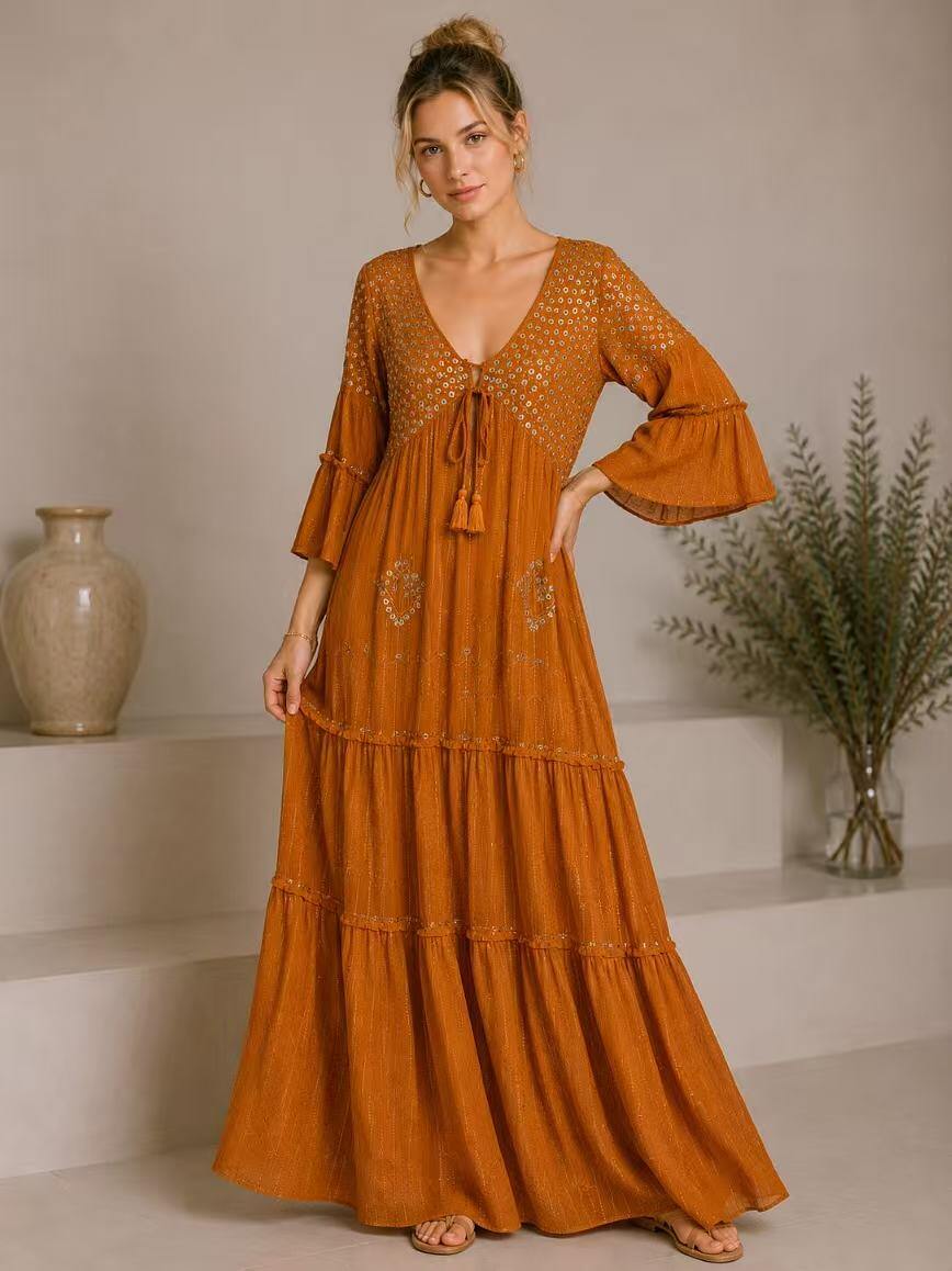 Wholesaler UPSTYLE - LONG EMBROIDERED WOMEN'S DRESS WITH SEQUINS