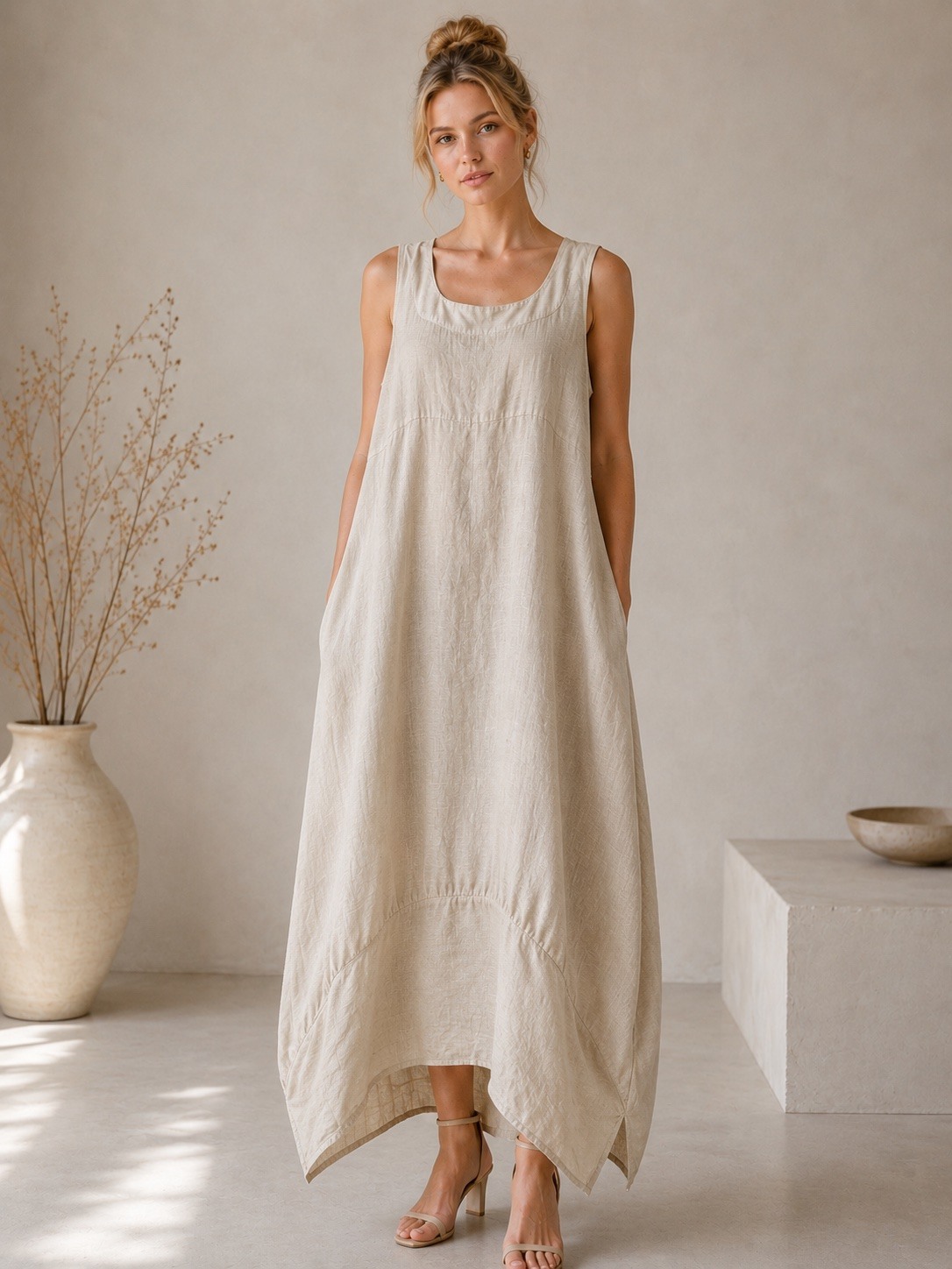 Wholesaler UPSTYLE - WOMEN'S LONG DRESS IN 100% LINEN SLEEVELESS