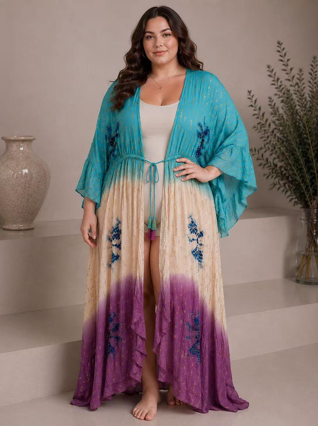 Mayorista UPSTYLE - KIMONO LARGO DEGRADADO PARA MUJER CON DETALLES LUREX