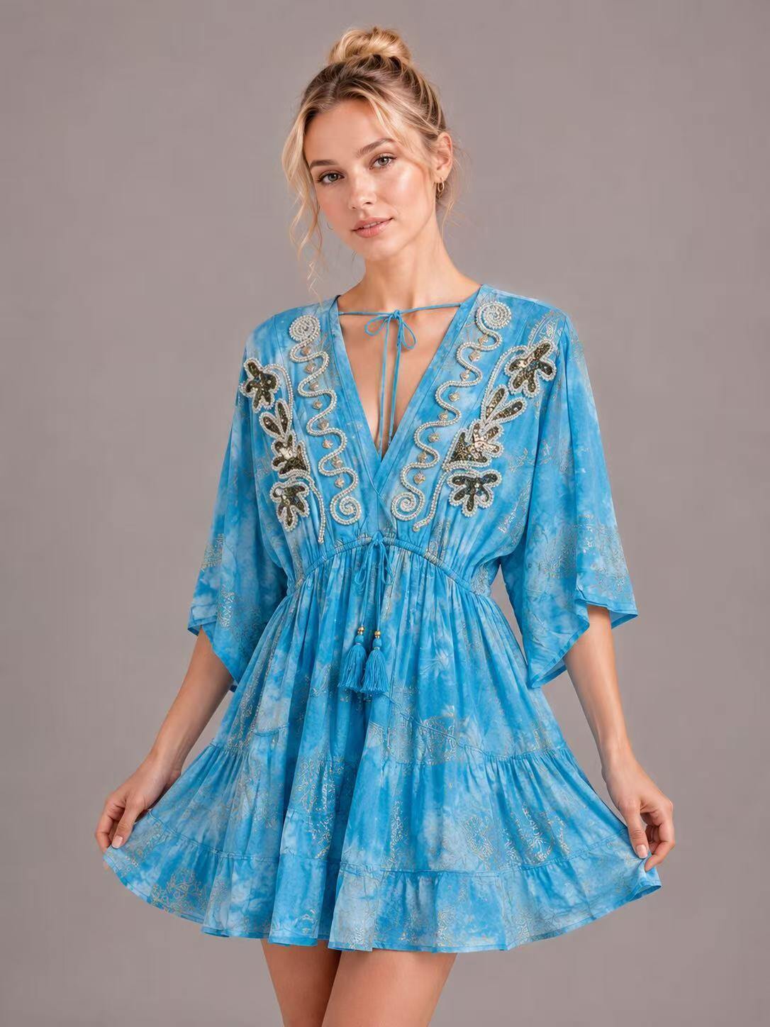 Wholesaler UPSTYLE - WOMEN'S SHORT TIE DYE DRESS WITH EMBROIDERY