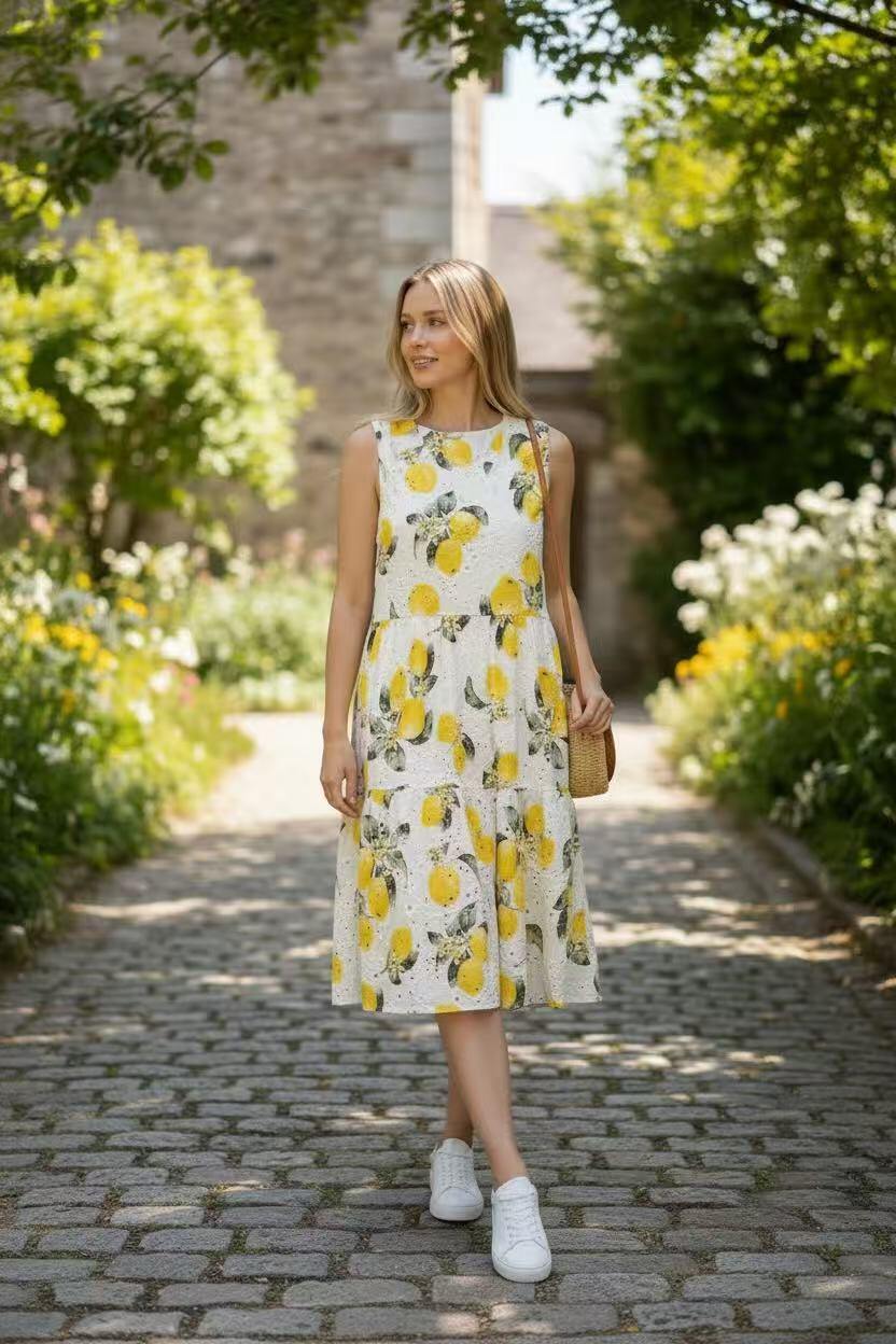 Wholesaler UPSTYLE - DRESS IN EMBROIDERED EYELET WITH LEMON PRINT