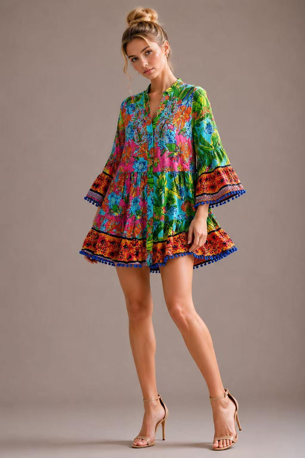 Wholesaler UPSTYLE - WOMEN'S PRINTED SHIRT DRESS WITH EMBROIDERY