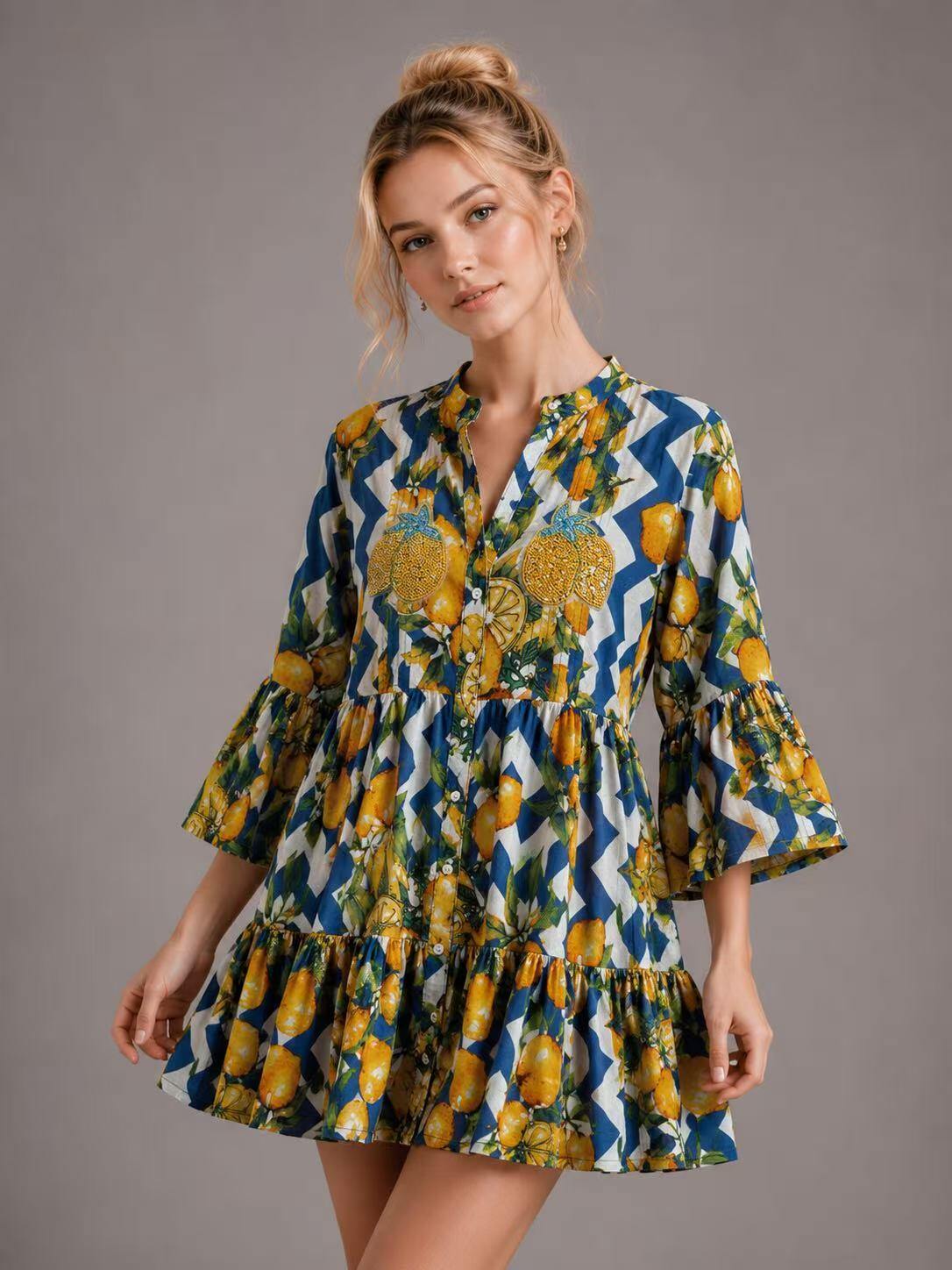 Mayorista UPSTYLE - VESTIDO CORTO DE MUJER CON ESTAMPADO DE LIMONES Y BORDADO