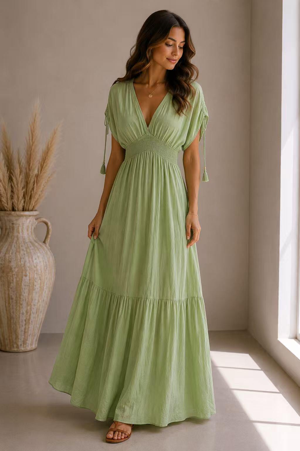 Wholesaler UPSTYLE - Long dress with V-neck and gathered waist