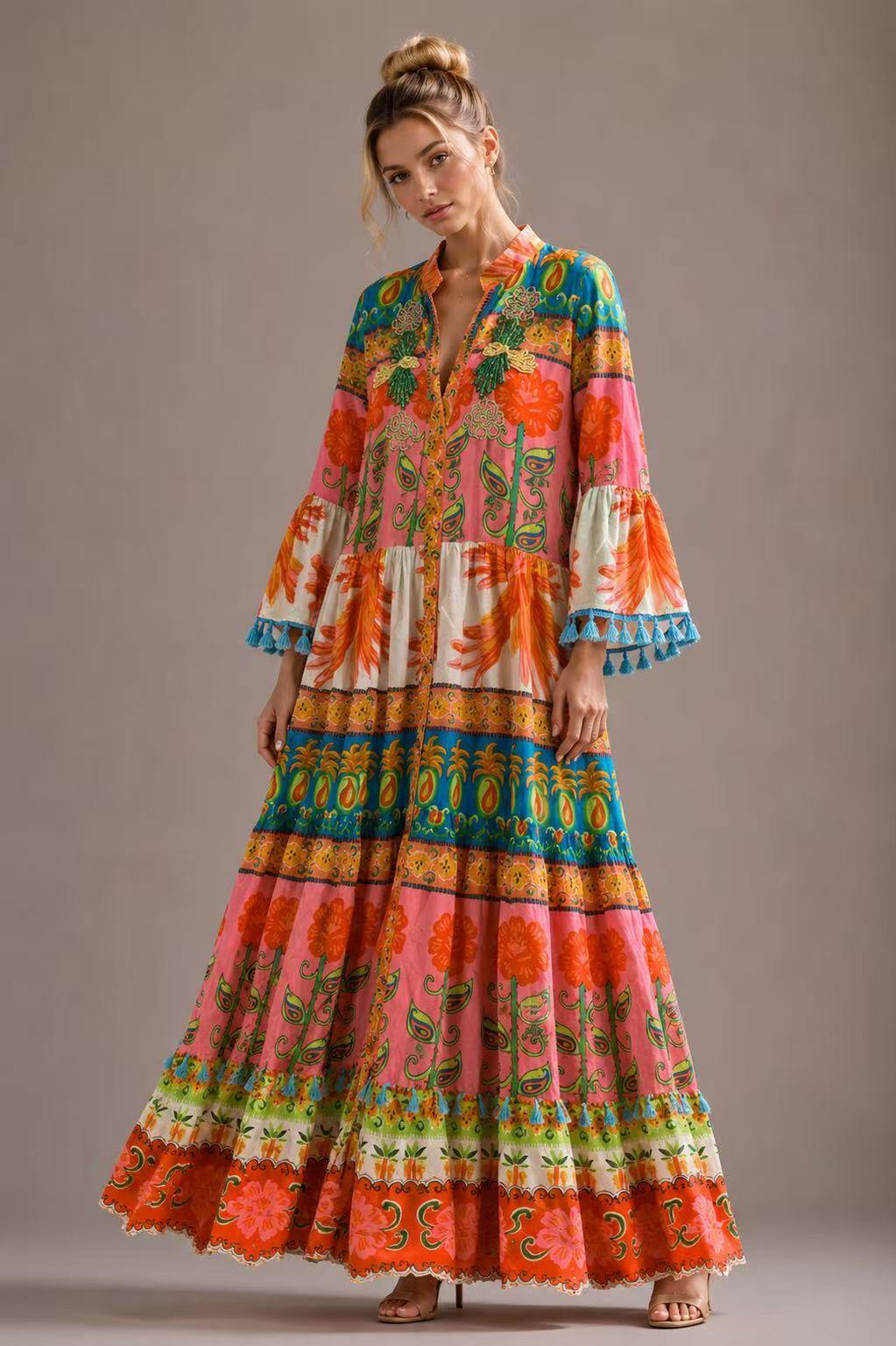 Wholesaler UPSTYLE - WOMEN'S LONG DRESS MULTICOLOR PRINT