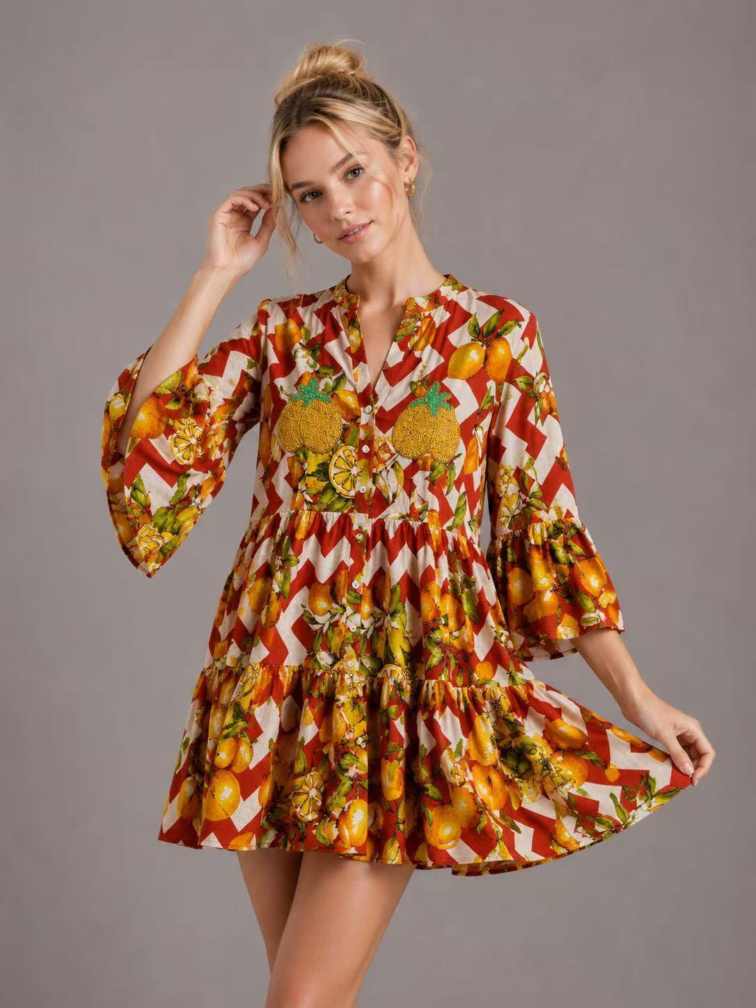 Wholesaler UPSTYLE - WOMEN'S SHORT DRESS WITH LEMON PRINT