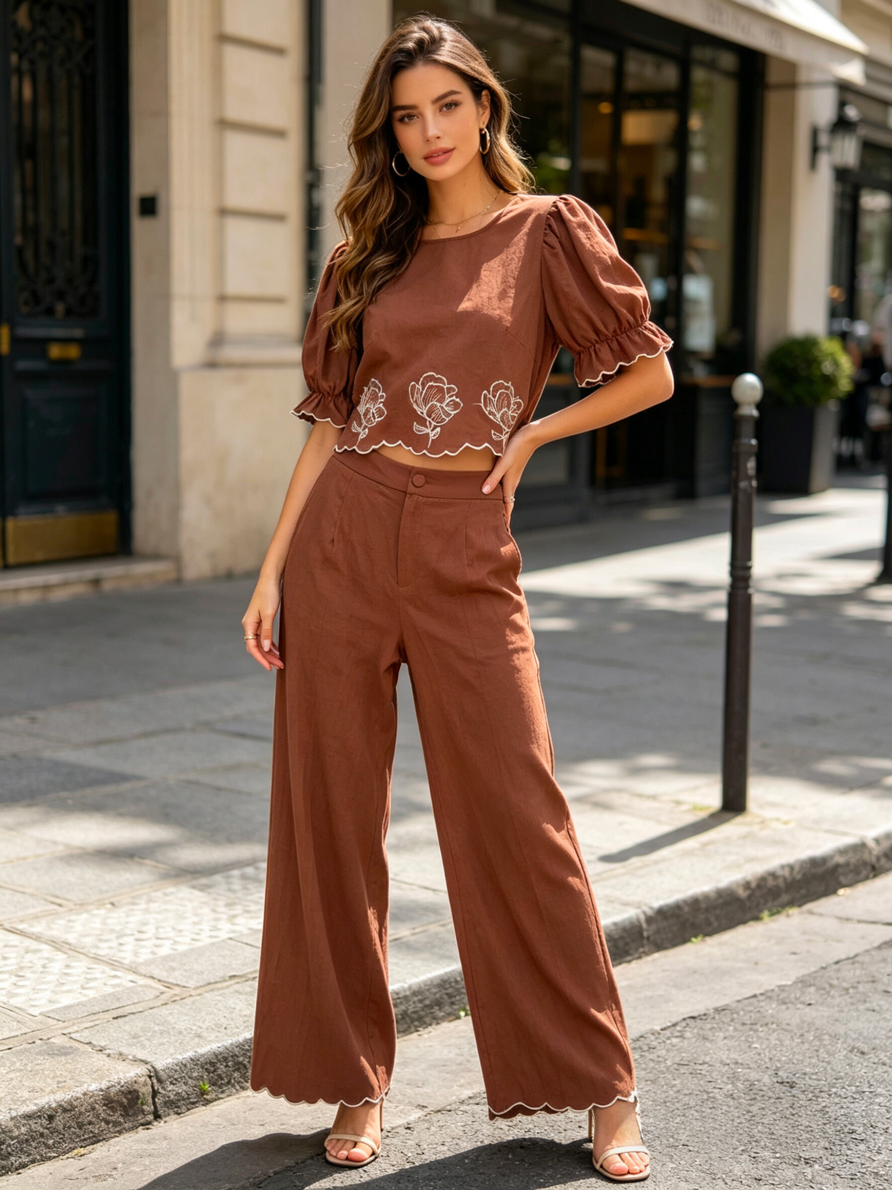 Mayorista V&L BRAND - Conjunto coordinado de top y pantalones, con bordado decorativo, 100% algodón