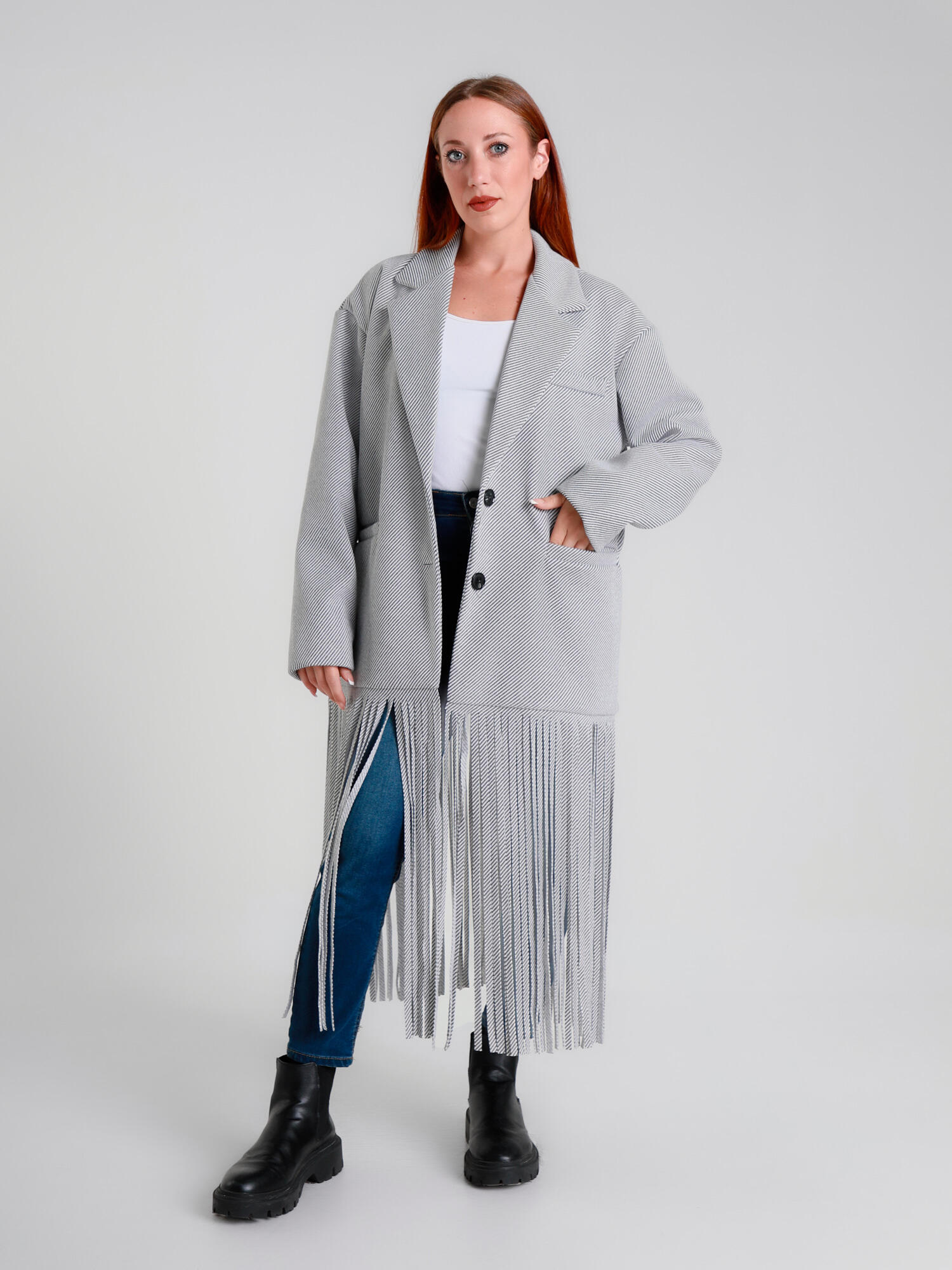 Grossiste V&L BRAND - Manteau en sergé avec franges. BICOLORE