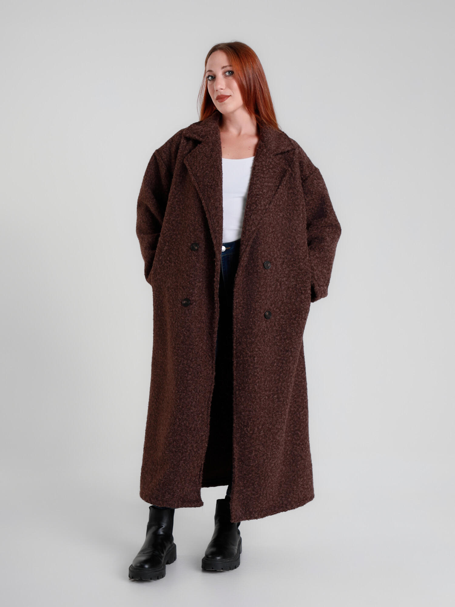 Großhändler V&L BRAND - Langer Bouclé-Mantel für alle Jahreszeiten