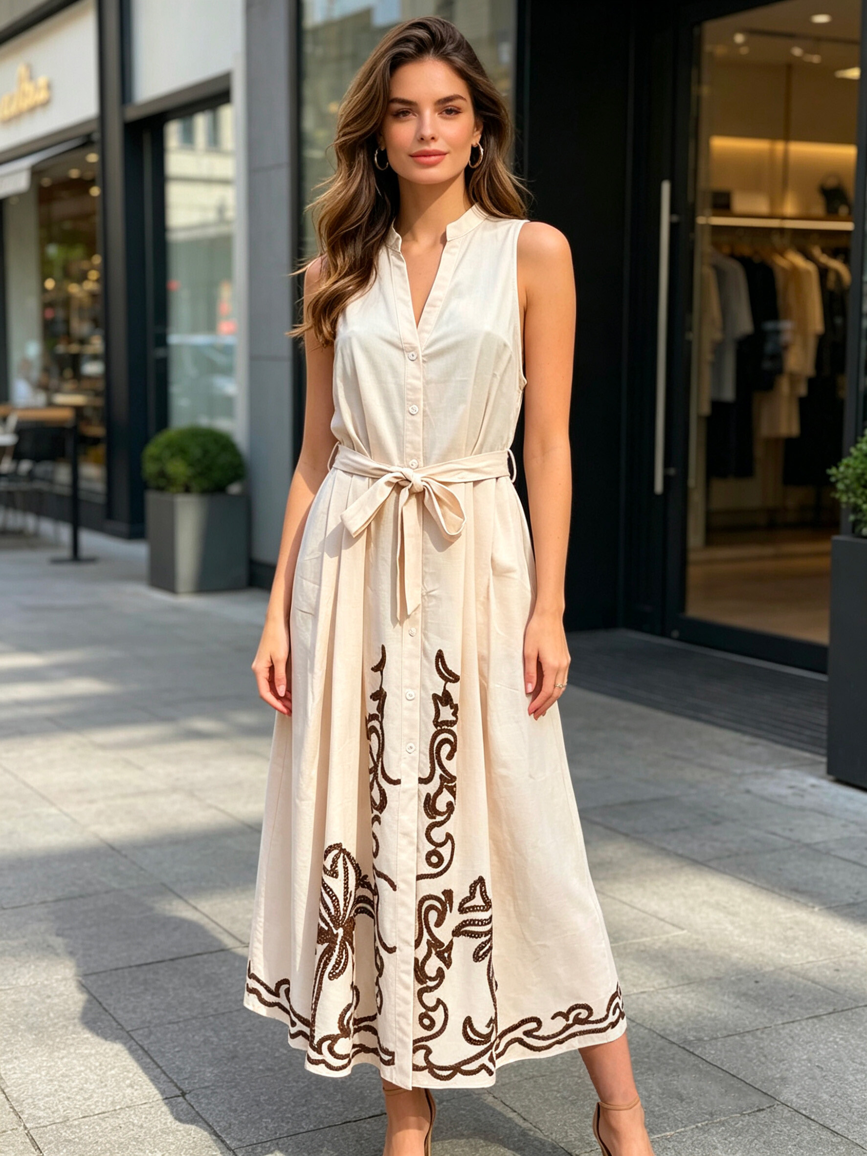 Mayorista V&L BRAND - Vestido sin mangas para mujer, mezcla de lino y algodón, adornado con bordado floral