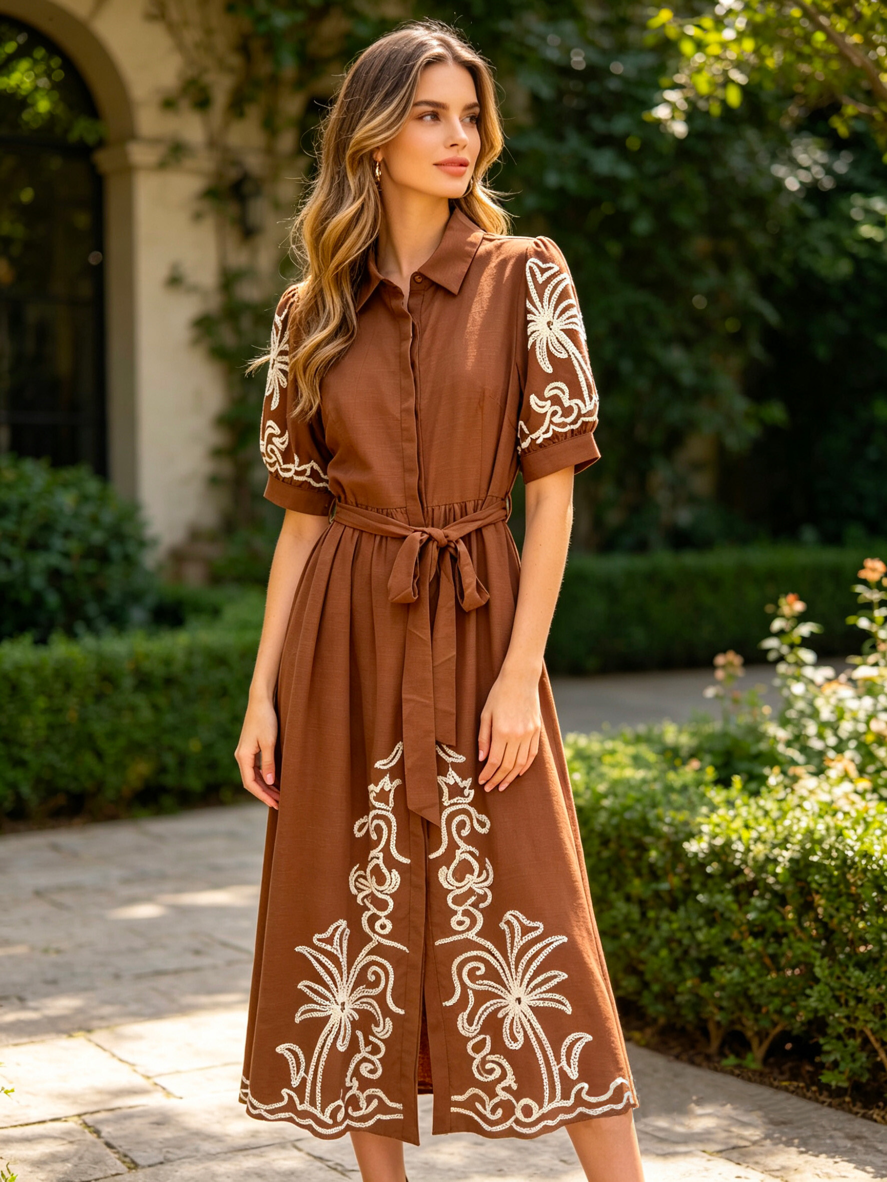 Mayorista V&L BRAND - Elegante vestido largo de mujer, mezcla de lino y algodón, con bordado floral