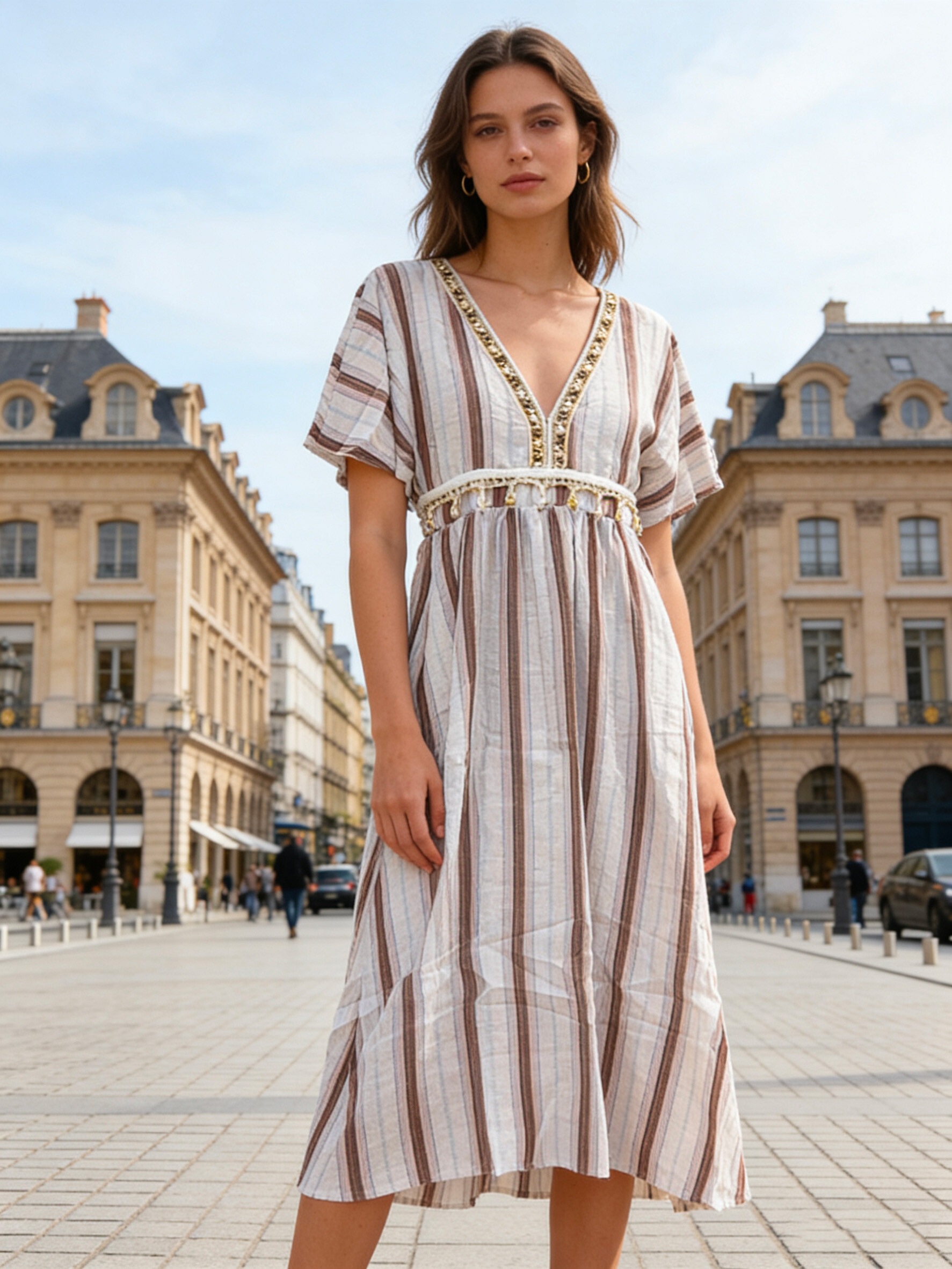 Wholesaler V&L BRAND - Long striped caftan-style dress with decorative details