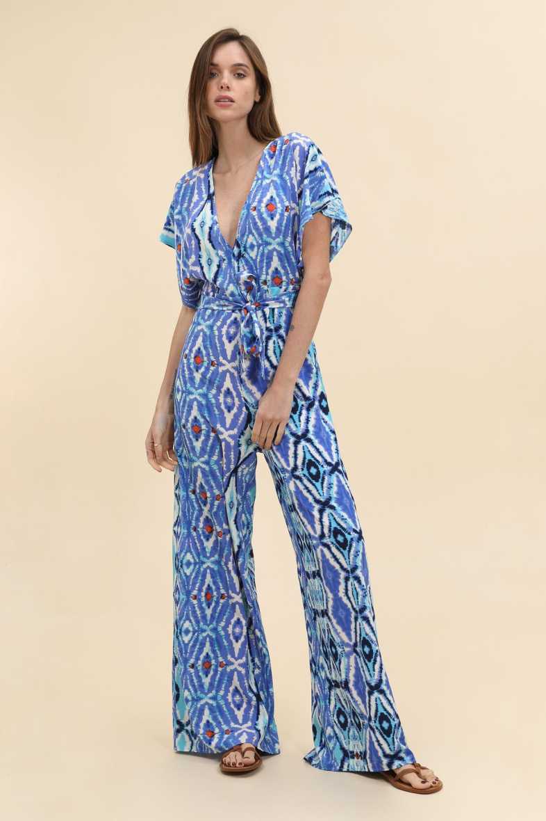 Wholesaler Van Der Rock - Printed Short Sleeve Slit Back Jumpsuit