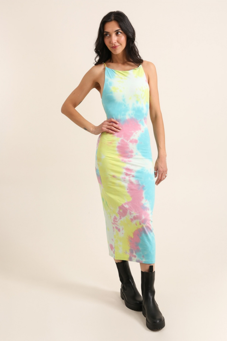 Wholesaler Van Der Rock - Mid-length dress with open back and very thin straps in tie dye print