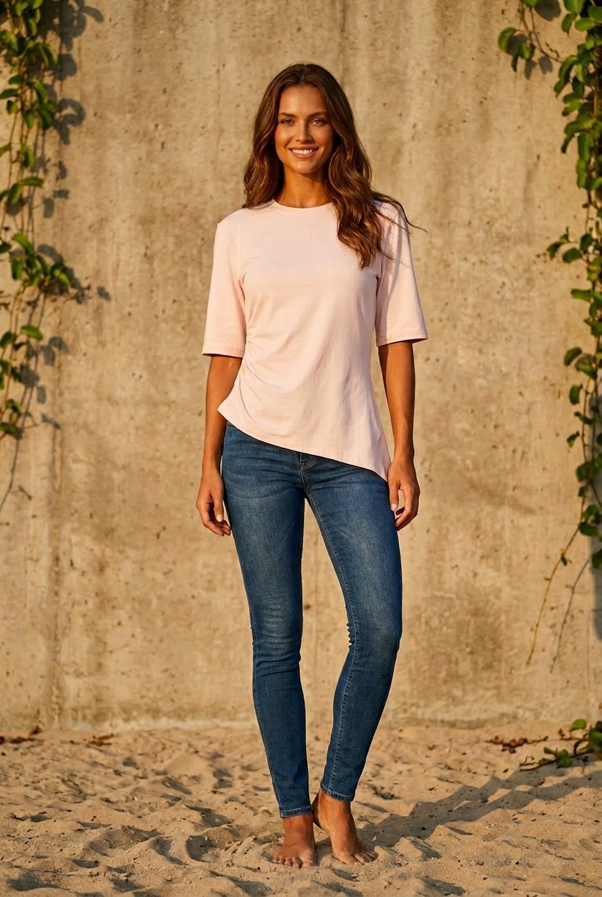 Großhändler Van Der Rock - Asymmetrisches Oberteil mit hohem Kragen und einem Ärmel Dieses feminine Oberteil besticht durch ein asymmetrisches Design, einen eleganten hohen Kragen und einen figurbetonten Schnitt, der die Figur schmeichelt.