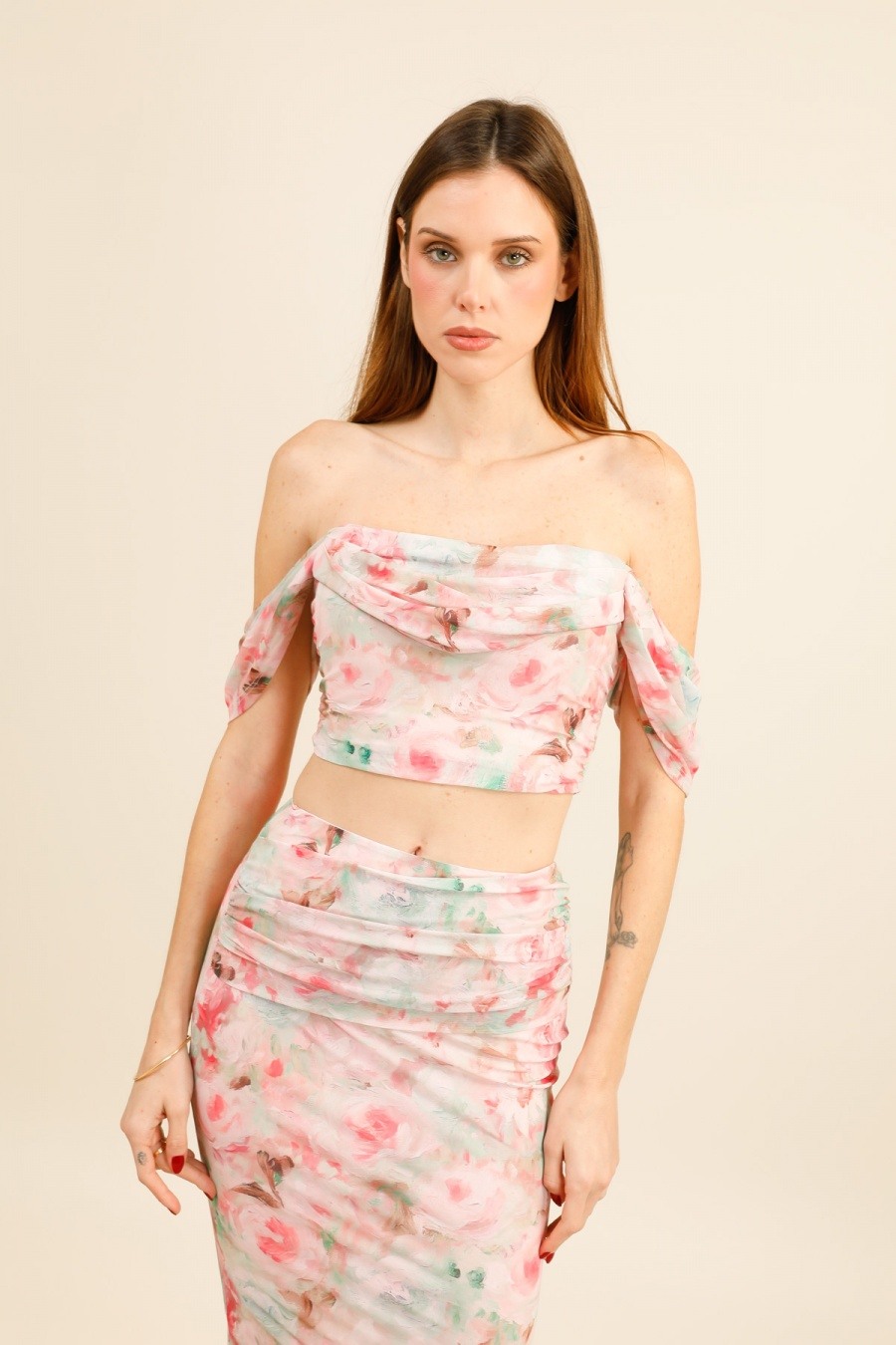Wholesaler Van Der Rock - Draped Solid Mesh Bardot Top