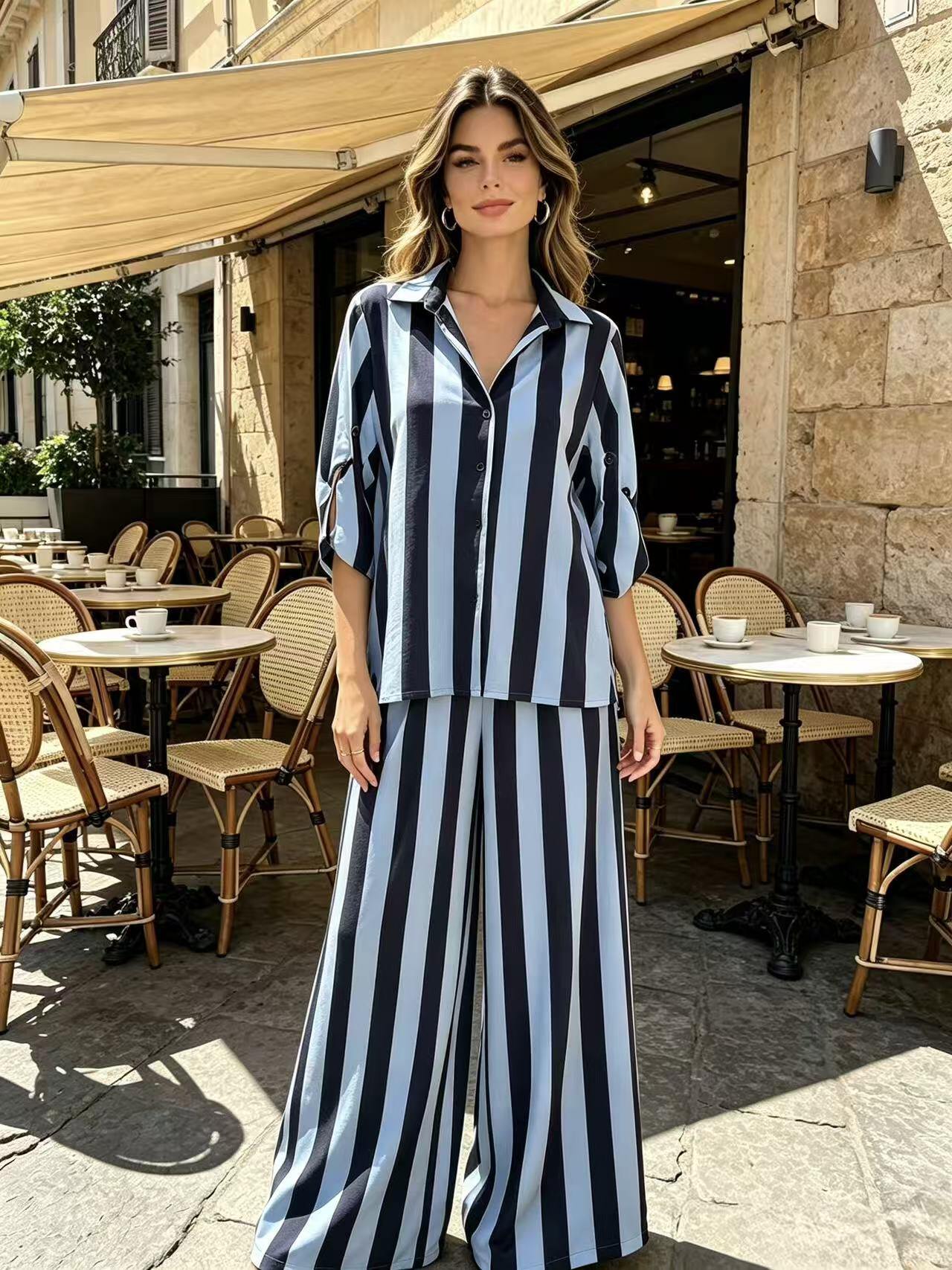 Wholesaler Vanis - Shirt with rolled-up sleeves, button closure, wide-leg pants with elastic waistband and vertical stripes