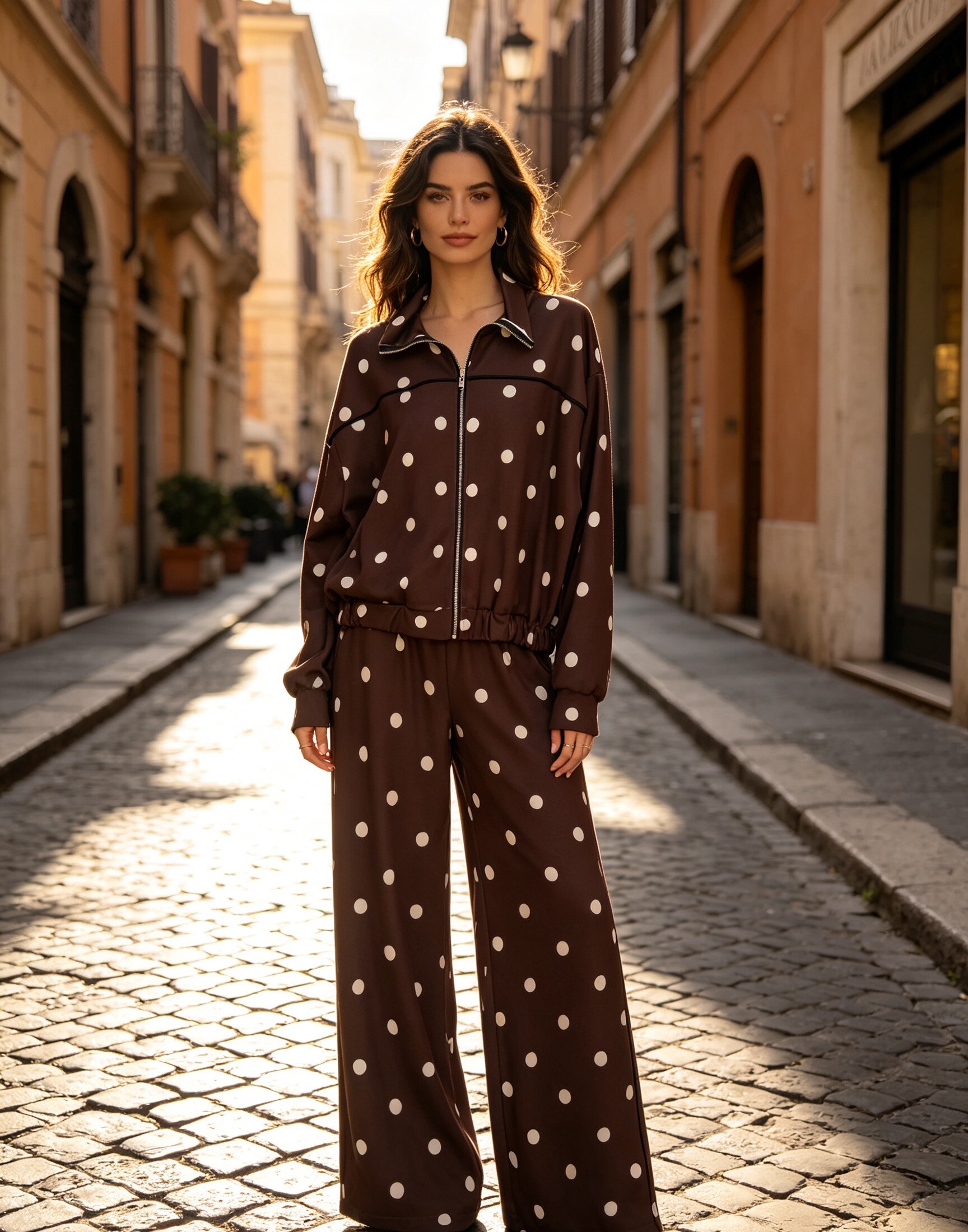 Großhändler Vanis - Punkt-Sweatshirt mit Reißverschluss, elastischer Saum in der Taille. Weit geschnittene Hose mit elastischem Bund, schwarzer Seitenstreifen.