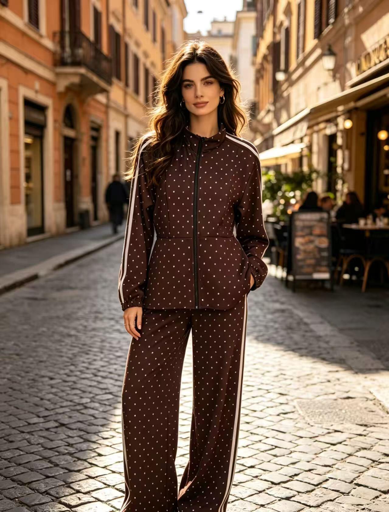 Grossista Vanis - COMPLETO 2 PEZZI MARRONE A POIS, GIACCA ZIP COLLO MEDIO, PANTALONE GAMBA LARGA CON STRISCE BIANCHE LATERALI
