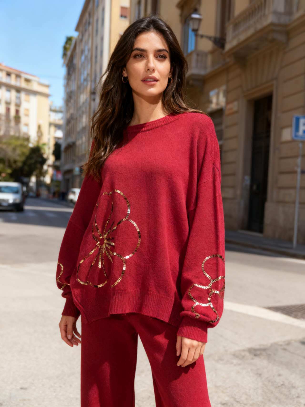 Wholesaler Vanis - BATWING SWEATER CREW NECK, SEQUINS EMBROIDERED ON CUFFS AND FRONT