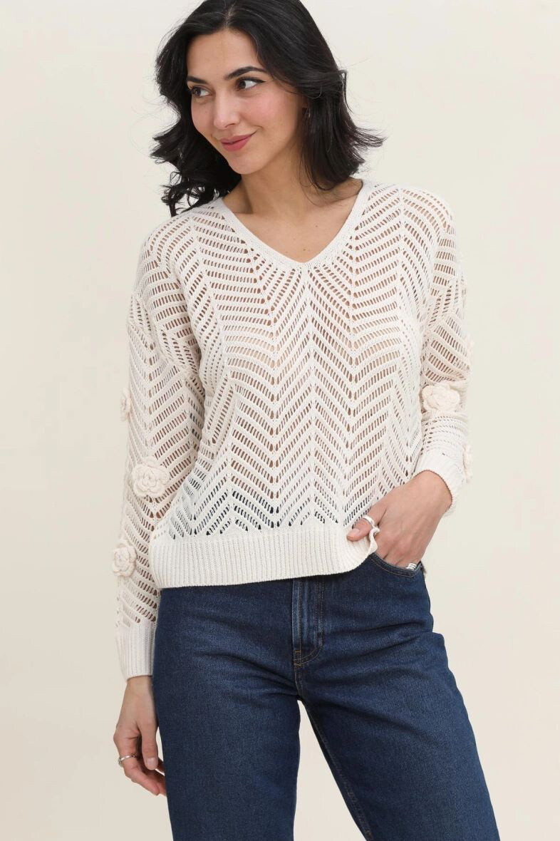 Grossista Vega's - Maglione stile uncinetto con ricami floreali sulle maniche