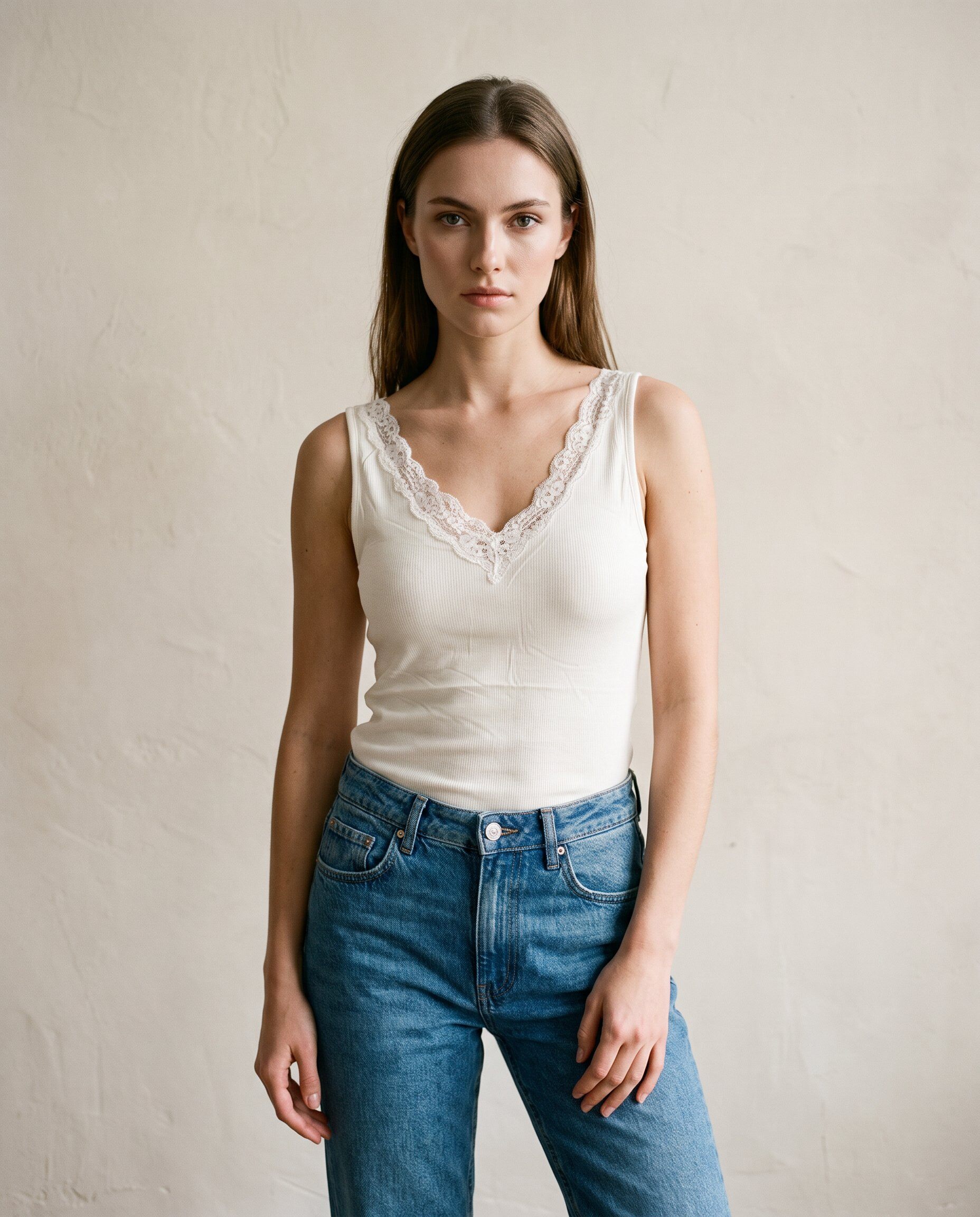 Grossista Vera Fashion - Canotta aderente con scollo a V in pizzo e reggiseno integrato